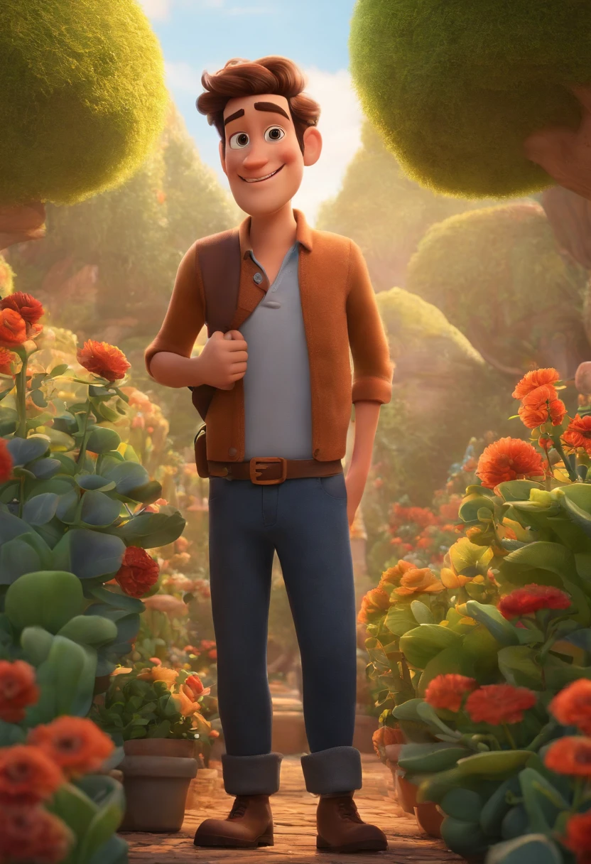 Image of a man for a story in a YouTube video in Pixar format, He's high allabester, He's the class leader, He's outgoing, Playful and gets up for a lot of things, cabelo curto olhos azuis e cabelo cacheado, ama plantas, ama suculentas