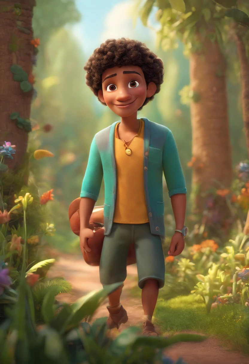 Image of a man for a story in a YouTube video in Pixar format, He's high allabester, He's the class leader, He's outgoing, Playful and gets up for a lot of things, cabelo curto olhos azuis e cabelo cacheado, ama plantas, ama suculentas