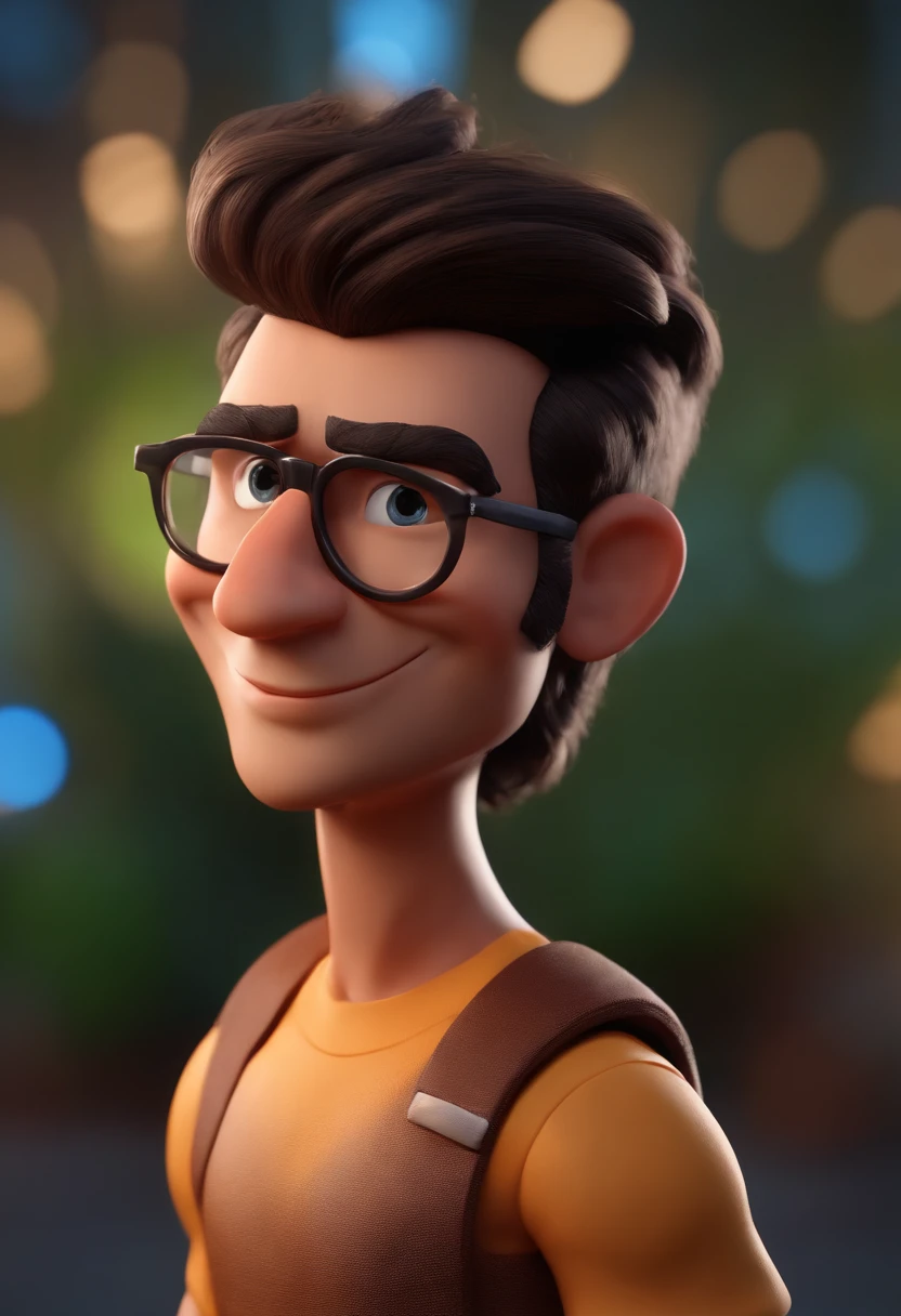 Cartoon character of a man with black glasses, cabelo cacheado marrom escuro e uma camisa azul, animation character, Caractere estilizado, animation style rendering, 3D estilizado, Arnold Maya render, 3 d render stylized, toon render keyshot, Personagem 3D, Personagem 3D, 3d rendering stylized, 3 d character render, personagem de desenho animado, Personagem de close up, Pose de personagem,  (Estilo Pixar) (master part:1.2) (Bokeh) (best quality) (pele detalhada) (textura detalhada) (8k) (argila) (Cinematic lighting) (foco nítido