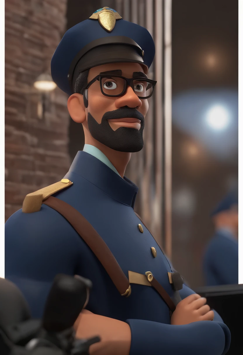 personagem dos desenhos animados de um homem negro, cabelo crespo, with black glasses and a military police uniform, animation character, Caractere estilizado, animation style rendering, 3D estilizado, Arnold Maya render, 3 d render stylized, toon render keyshot, Personagem 3D, Personagem 3D, 3d rendering stylized, 3 d character render, personagem de desenho animado, Personagem de close up, Pose de personagem,  (Estilo Pixar) (master part:1.2) (Bokeh) (best quality) (pele detalhada) (textura detalhada) (8k) (argila) (Cinematic lighting) (foco nítido