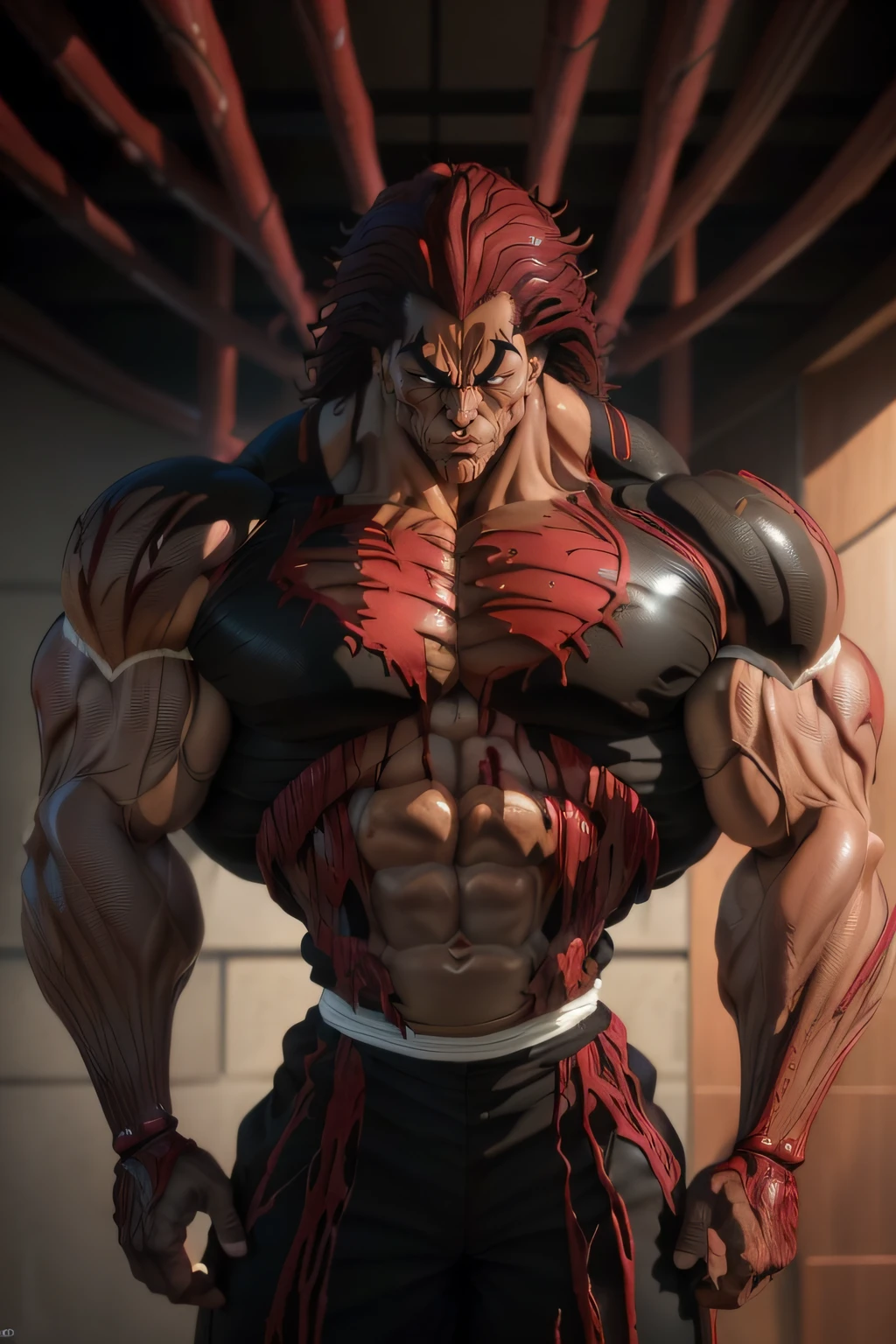 Yujiro Hanma, red hair, show his back, wearing black shirt (carnage physique:1.5), (covered in thick muscle suit:1.5), (exposed perfect anatomy:1.5), (carnage muscle anatomy:1.5), high detail, best quality, masterpiece, finely detail, realistic skin texture, 85 mm art lens, f 1.2, sharp focus, 8 k high definition, insanely detailed, intricate, snow background