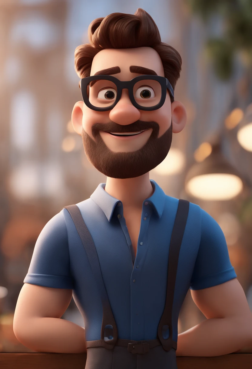 Cartoon character of a man with black glasses and a blue shirt, animation character, Caractere estilizado, animation style rendering, 3D estilizado, Arnold Maya render, 3 d render stylized, toon render keyshot, Personagem 3D, Personagem 3D, 3d rendering stylized, 3 d character render, personagem de desenho animado, Personagem de close up, Pose de personagem, (Estilo Pixar) (master part:1.2) (Bokeh) (best quality) (pele detalhada) (textura detalhada) (8k) (argila) (Cinematic lighting) (foco nítido