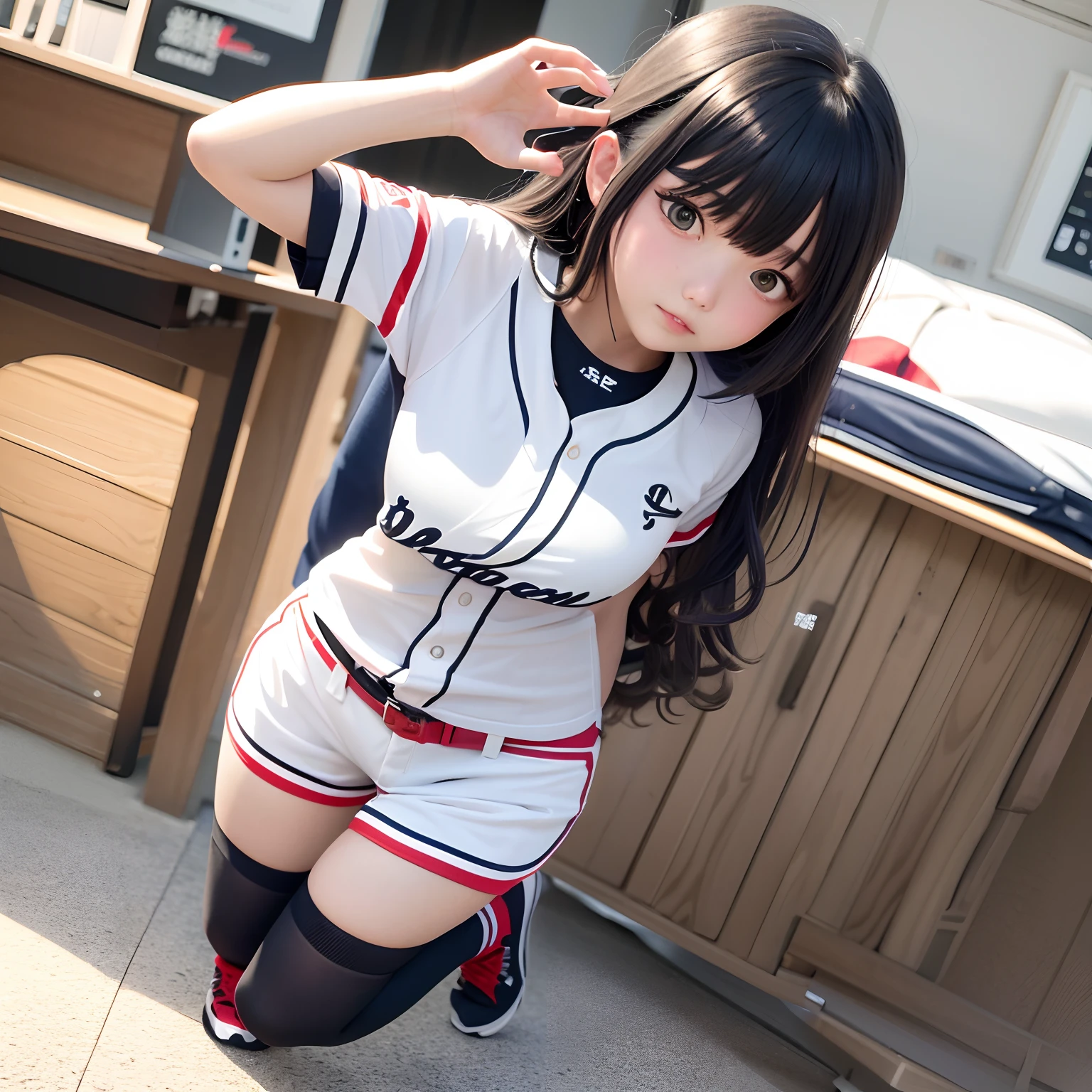 The upper part of the body、one girls、greyt hair、Curly hair、baseball uniform、baseball field、large full breasts、Gravure Pose、Japan anime-style odd-eye,Throwing a baseball