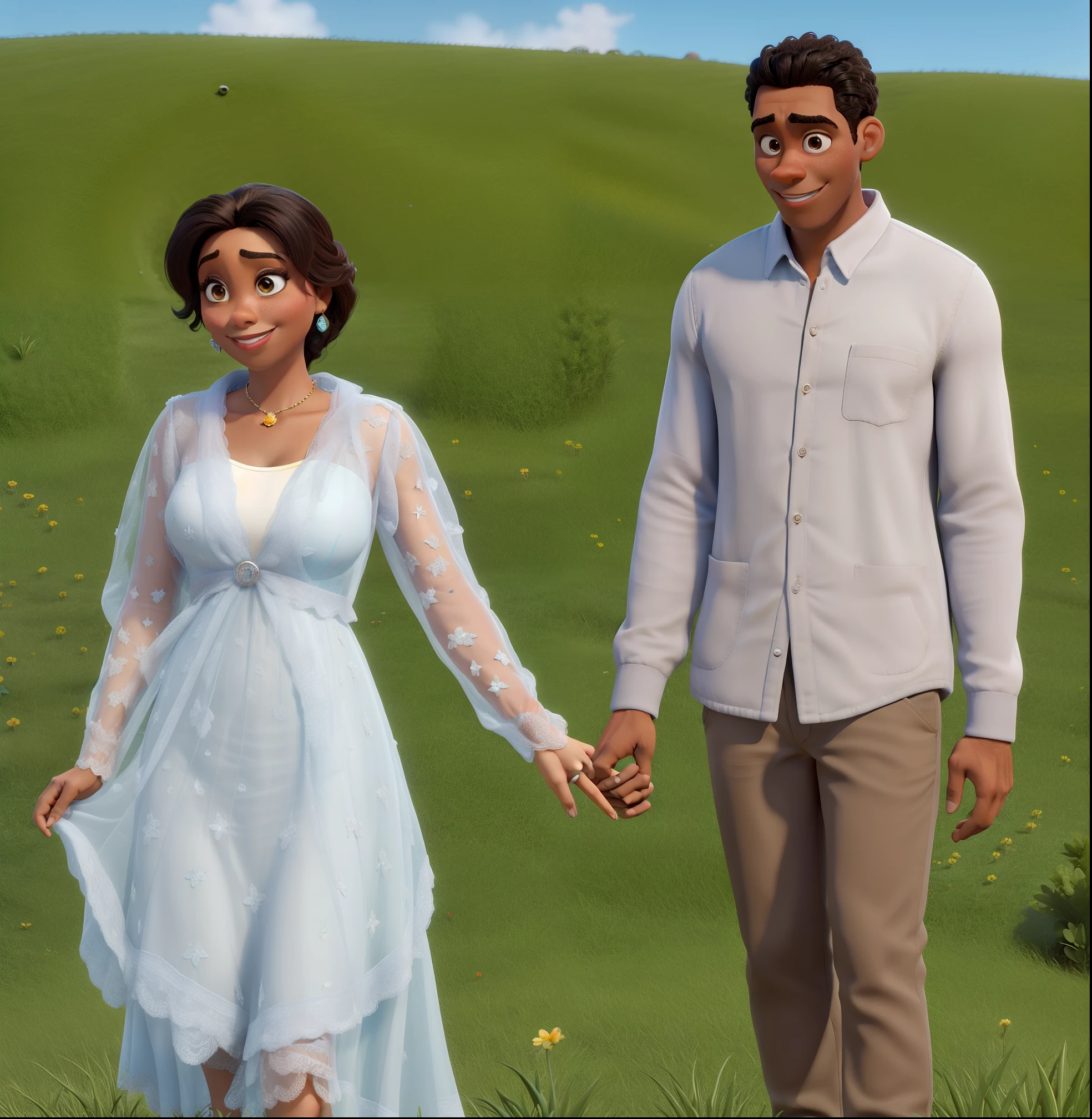 Um mulher morena com um marido negro estilo Disney pixar, alta qualidade, melhor qualidade.