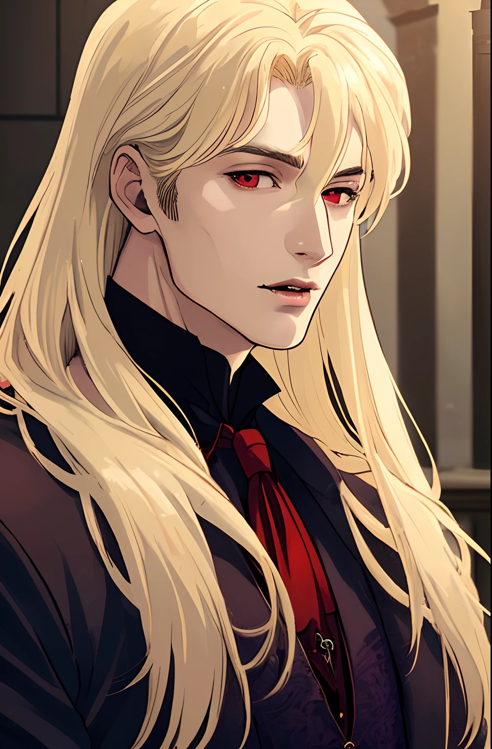 (8k, top quality, masterpiece: 1.2), (realistic, photorealistic: 1.37), super detail, one guy, handsome guy, extremely detailed eyes, plump lips, japanese, blonde hair, long blonde straight hair, pale skin, seductive, confident, vampire, vampire anime man, vampire man, anime guy, pretty guy, victorian clothing, mysterious lighting, vampire castle, victorian castle, gothic castle, red eyes, detailed eyes, beautiful eyes, three quarter view, looking at camera, sharp nails, beautiful nails, handsome man, beautiful man, vampire guy, hot vampire, v-shape jaw, plump lips, handsome lips