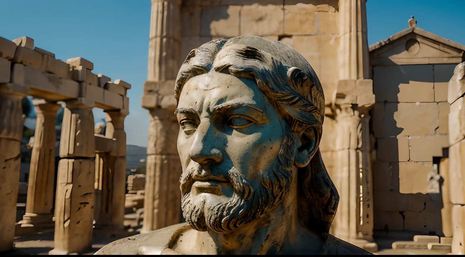 Ancient Stoic Statue With Very Angry Expression, tem barba, muitos detalhes em ambos os olhos, Outside, fundo atenas grego, open sky, com rosto extremamente detalhado full body view, Colors with low saturation with dark tone, Filmado em Sony A7S III com Sony FE 35mm f/1.8, 12.1 MP, --AR 3:2 --estilo cru