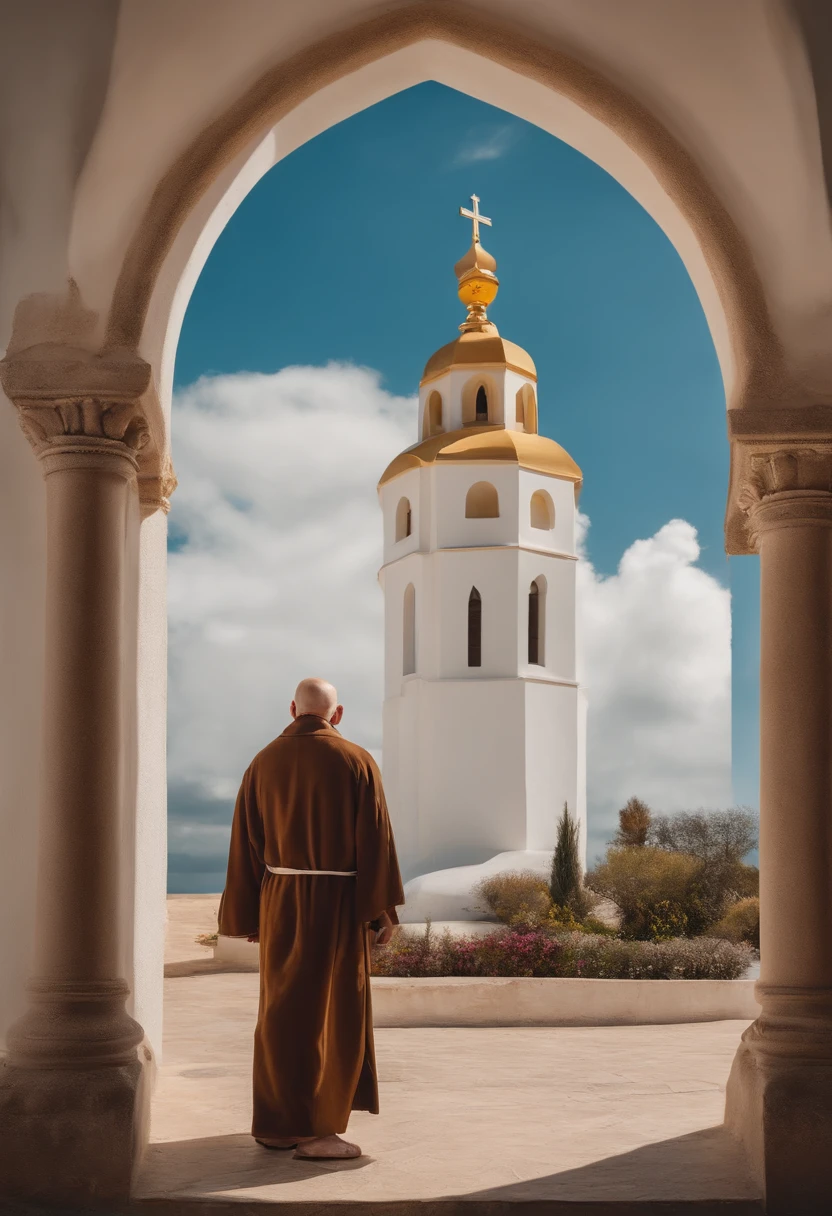 A man dressed as a friar with hair around his head and the middle without hair, three small pills in his hand, a white and yellow church in the back, slippers leather flats on his feet, blue sky with few clouds