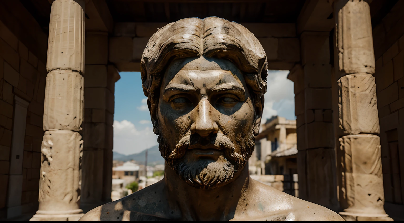 Ancient Stoic Statue With Very Angry Expression, tem barba, muitos detalhes em ambos os olhos, Outside, fundo atenas grego, open sky, com rosto extremamente detalhado full body view, Colors with low saturation with dark tone, Filmado em Sony A7S III com Sony FE 35mm f/1.8, 12.1 MP, --AR 3:2 --estilo cru