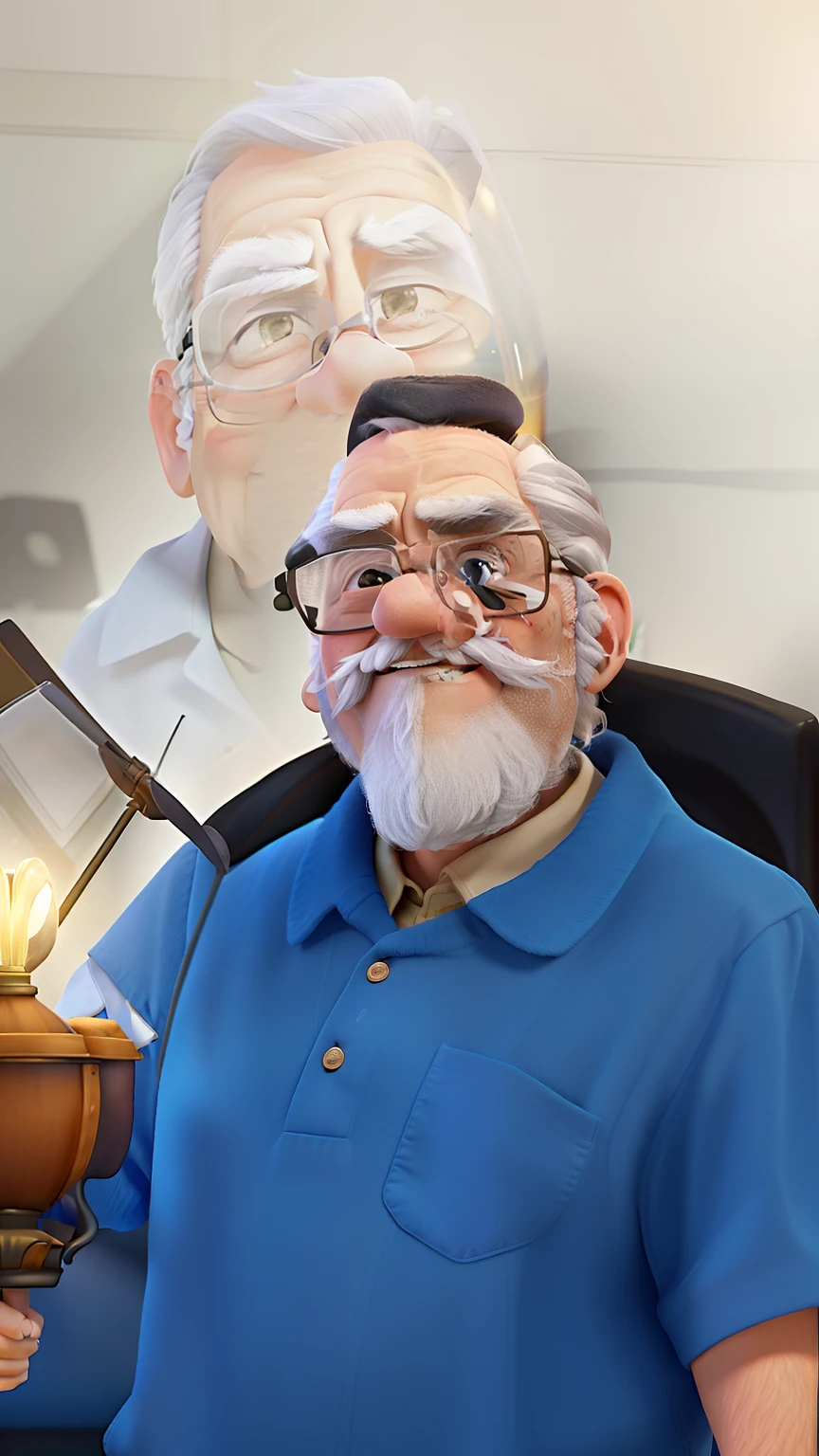 A wise old man standing in front, illuminated by the light of a lamp, against the backdrop of a library