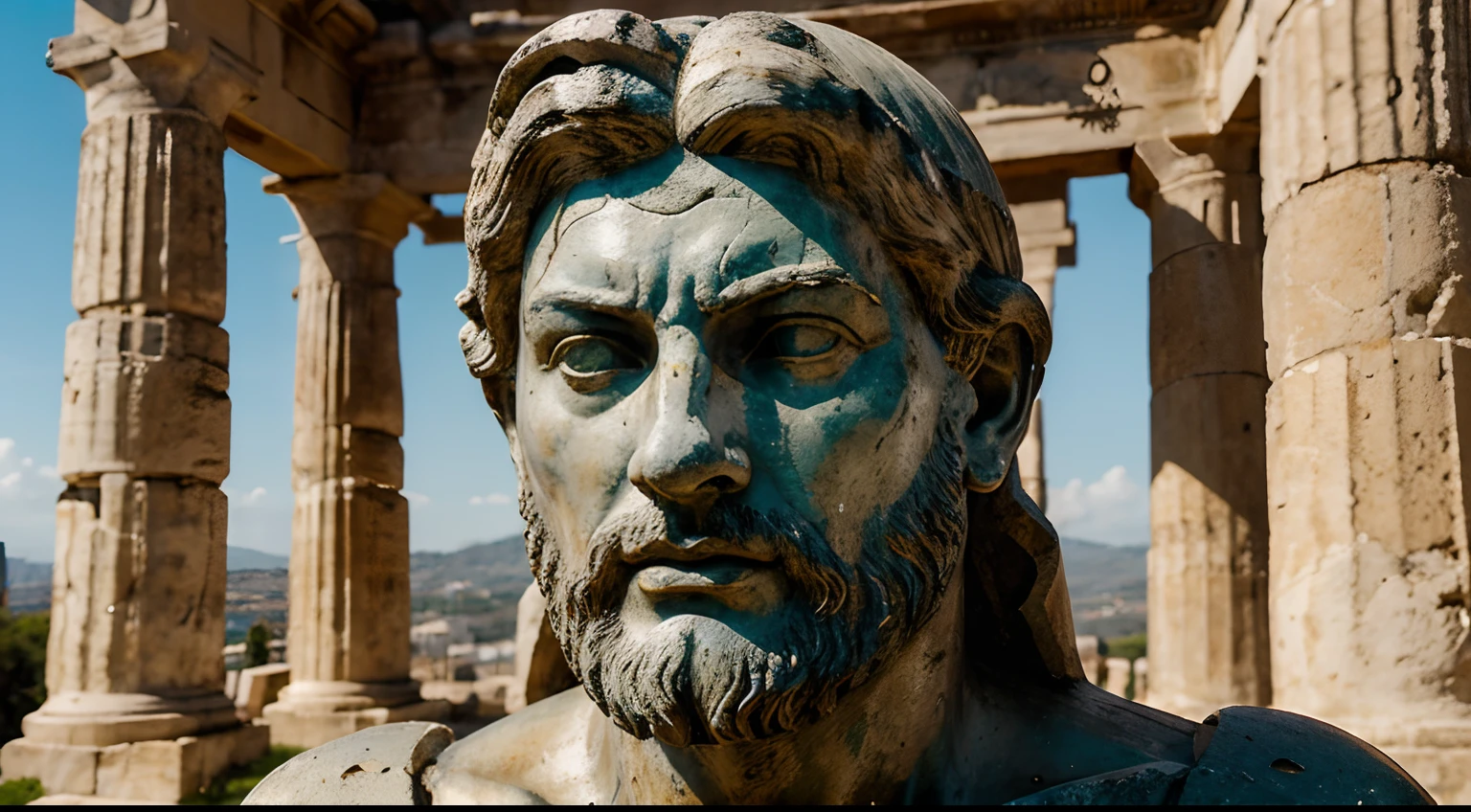 Ancient Stoic Statue With Very Angry Expression, tem barba, muitos detalhes em ambos os olhos, Outside, fundo atenas grego, open sky, com rosto extremamente detalhado full body view, Colors with low saturation with dark tone, Filmado em Sony A7S III com Sony FE 35mm f/1.8, 12.1 MP, --AR 3:2 --estilo cru