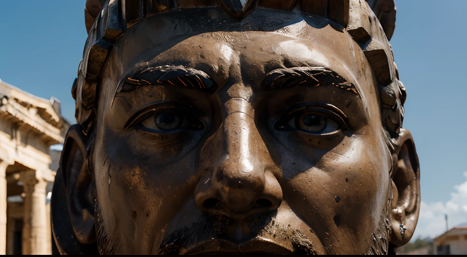 Ancient Stoic Statue With Very Angry Expression, tem barba, muitos detalhes em ambos os olhos, Outside, fundo atenas grego, open sky, com rosto extremamente detalhado full body view, Colors with low saturation with dark tone, Filmado em Sony A7S III com Sony FE 35mm f/1.8, 12.1 MP, --AR 3:2 --estilo cru