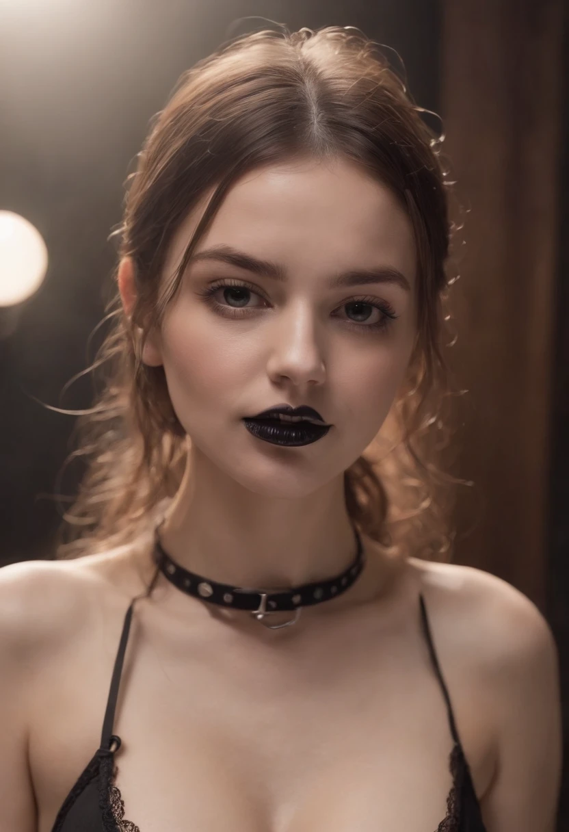 A girl with only a black bra and a black thong tied with strings around her chest and a black ball gag in her mouth. Mostrar corpo inteiro