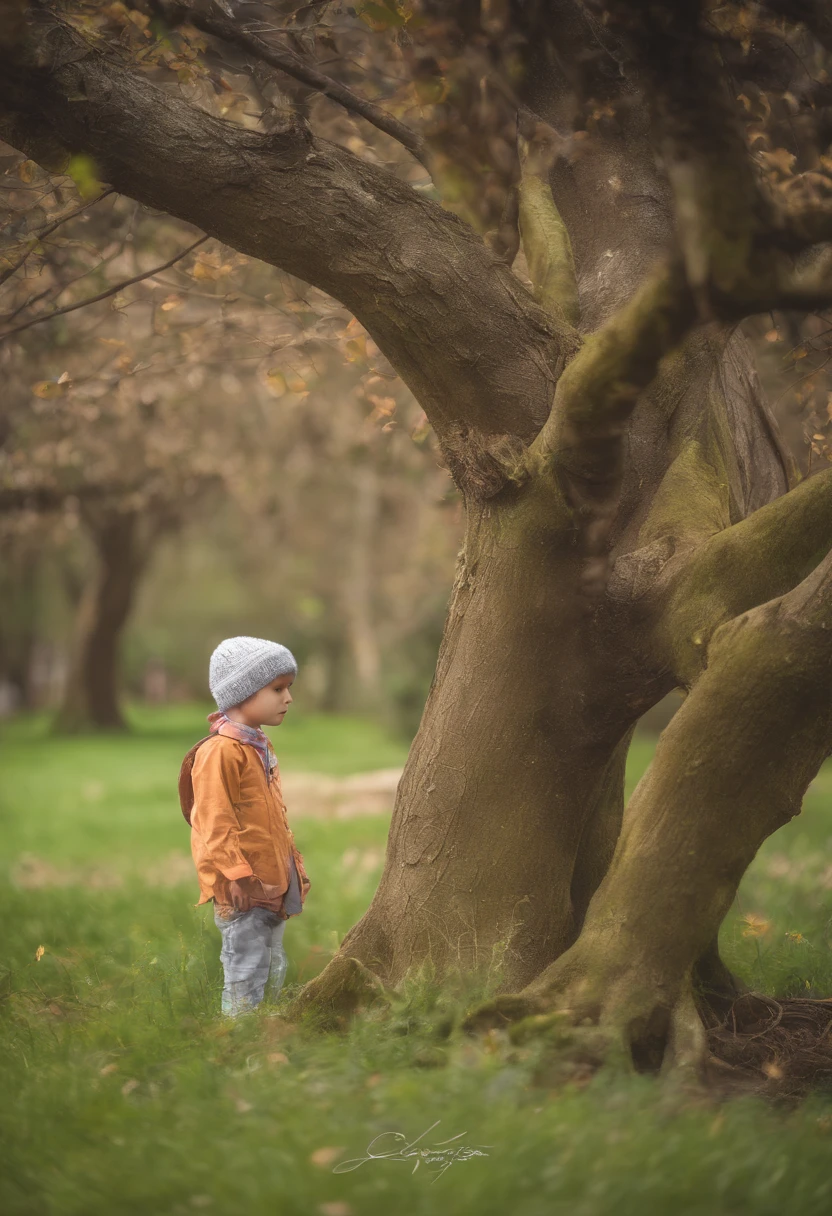 Image of a boy standing on the grass near a tree, fotografia casual, watermark:-1, fotografia, 1614572159, fotografia fina ao ar livre, bonito, Foto realista, 3389861569, Fotografia 85mm, 3274589695