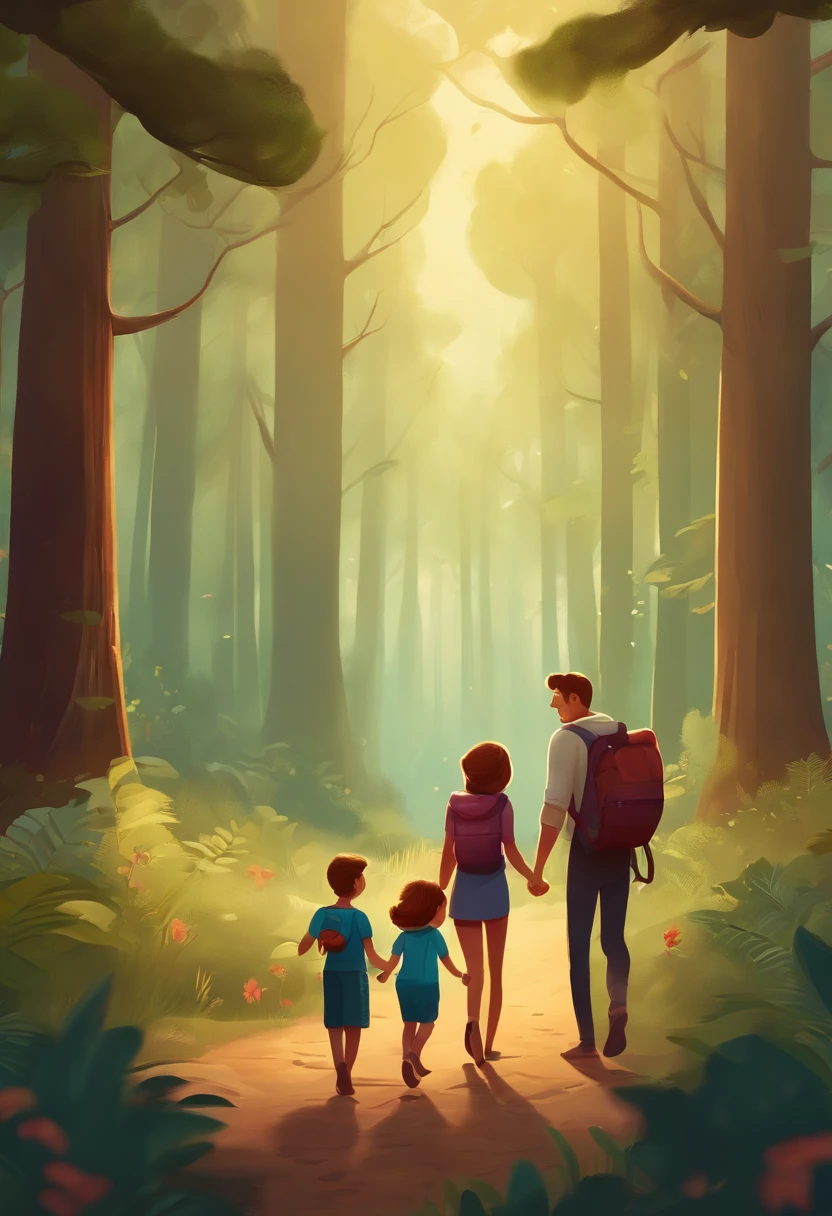 Create in cartoon style a family with a couple of adults and two children in a forest space walking together in high quality and richness of details