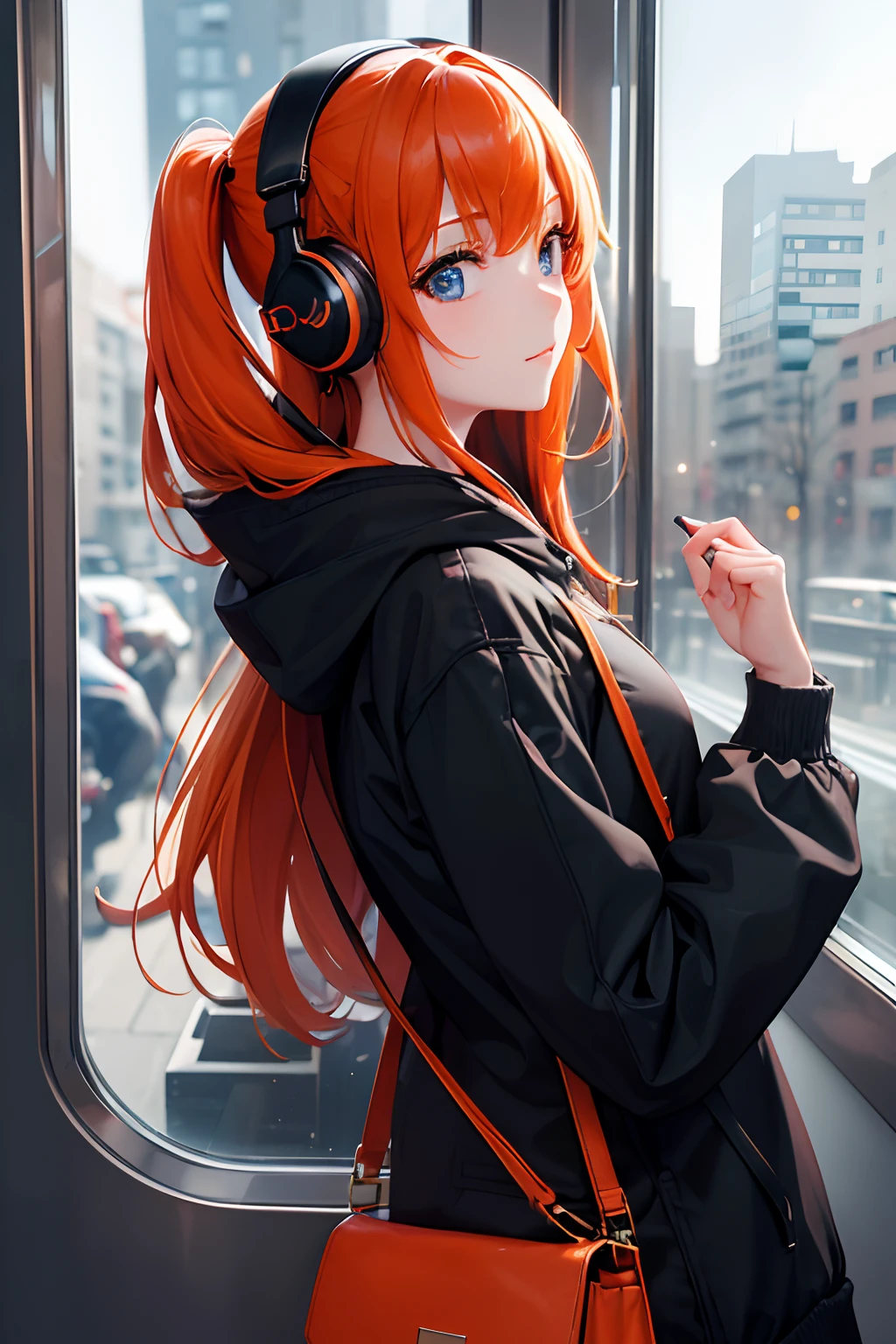 (masterpiece, sidelighting, ultra-detailed, finely detailed beautiful eyes: 1.2), 1girl, bag, building, from side, headphones, hood, hood down, hooded jacket, hoodie, jacket, long hair, orange hair, profile, red hair, solo, train, train interior, upper body, Masterpiece, best quality