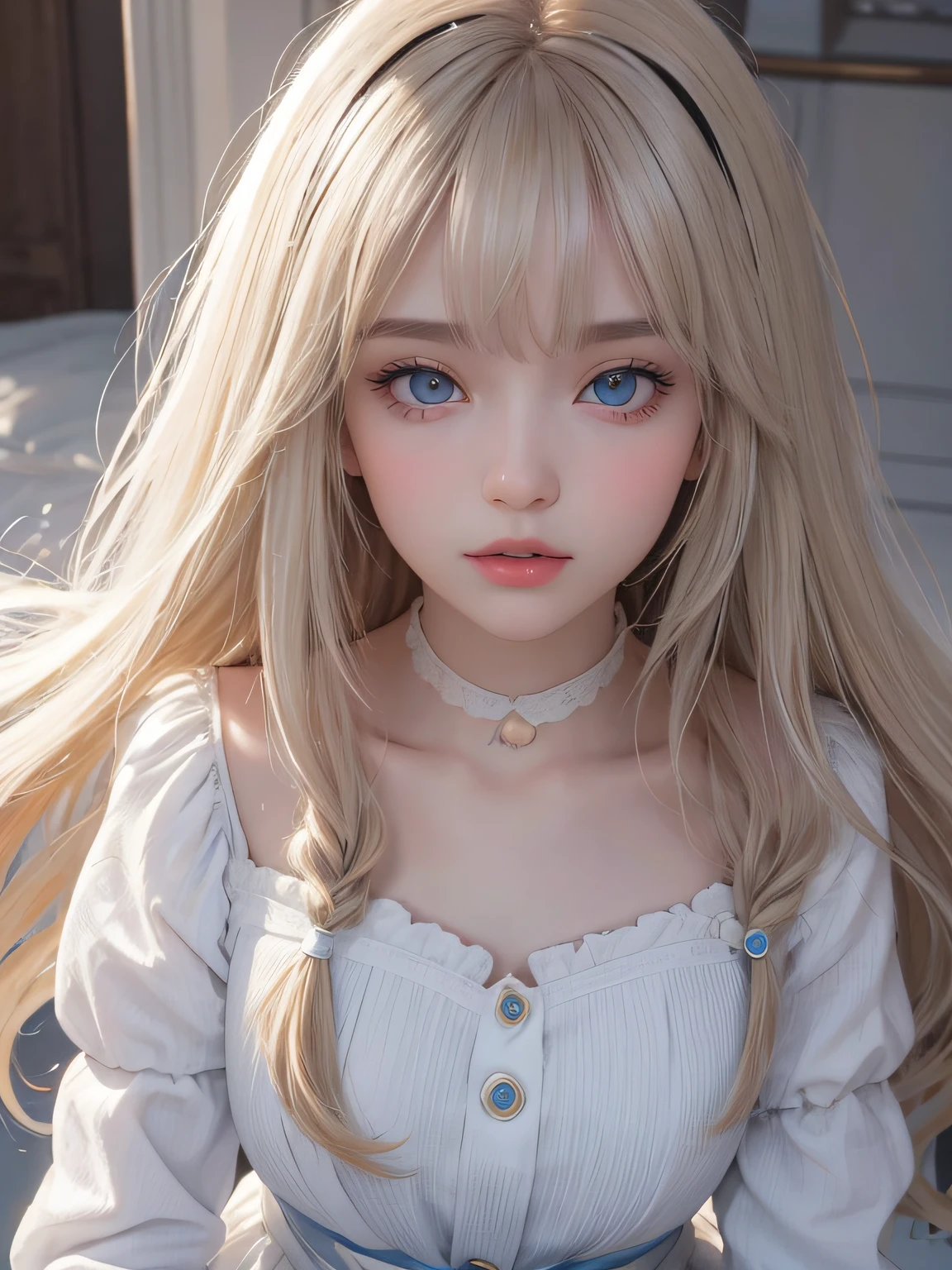 bright expression、photorealisim、top-quality、超A high resolution、a picture、Photo of an exquisitely beautiful Nordic-born girl、Extraordinary beautiful girl、Detailed cute and beautiful face、(pureerosface_v1:0.008)、Beautiful bangs、alice in the wonderland、18year old、Glowing white shiny skin、facial hairs、Bangs that extend to the face、Bangs between the eyes、Super long hair、Attractive light and dark platinum blonde super long straight silky hair、finer hair、Attractive glowing beautiful bright clear light blue big eyes、White Apron、Yellow dress、eye liner、Double eyelids、Lush bust