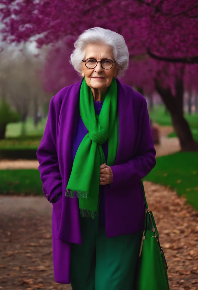 masterpiece, best quality, an old woman with glasses and a scarf on, wearing a purple coat and green scarf, standing at the park