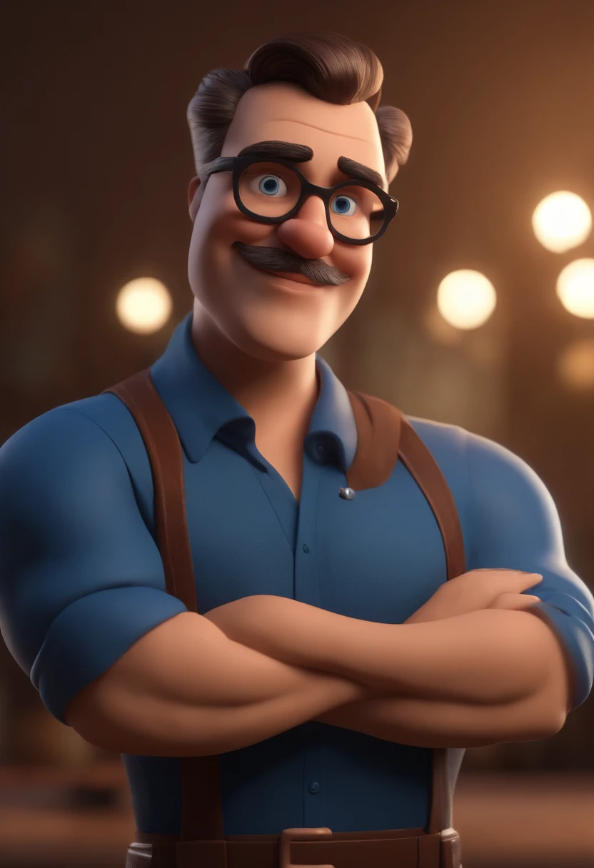 Cartoon character of a man wearing black glasses and a blue shirt, um personagem animado, Caractere estilizado, animation style rendering, 3D estilizado, Arnold Maya render, 3 d render stylized, toon render keyshot, Personagem 3D, Personagem 3D, 3d rendering stylized, 3 d character render, personagem de desenho animado, Personagem de close up, Pose de personagem, (Estilo Pixar) (master part:1.2) (Bokeh) (best quality) (pele detalhada) (textura detalhada) (8k) (argila) (Cinematic lighting) (foco nítido,Senta e vaza a parte superior do corpo