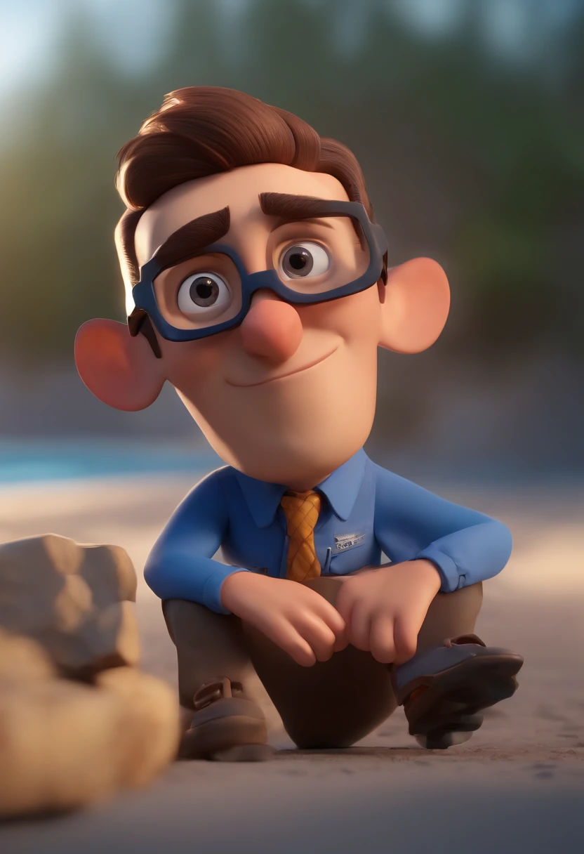 Cartoon character of a man wearing black glasses and a blue shirt, um personagem animado, Caractere estilizado, animation style rendering, 3D estilizado, Arnold Maya render, 3 d render stylized, toon render keyshot, Personagem 3D, Personagem 3D, 3d rendering stylized, 3 d character render, personagem de desenho animado, Personagem de close up, Pose de personagem, (Estilo Pixar) (master part:1.2) (Bokeh) (best quality) (pele detalhada) (textura detalhada) (8k) (argila) (Cinematic lighting) (foco nítido,Senta e vaza a parte superior do corpo
