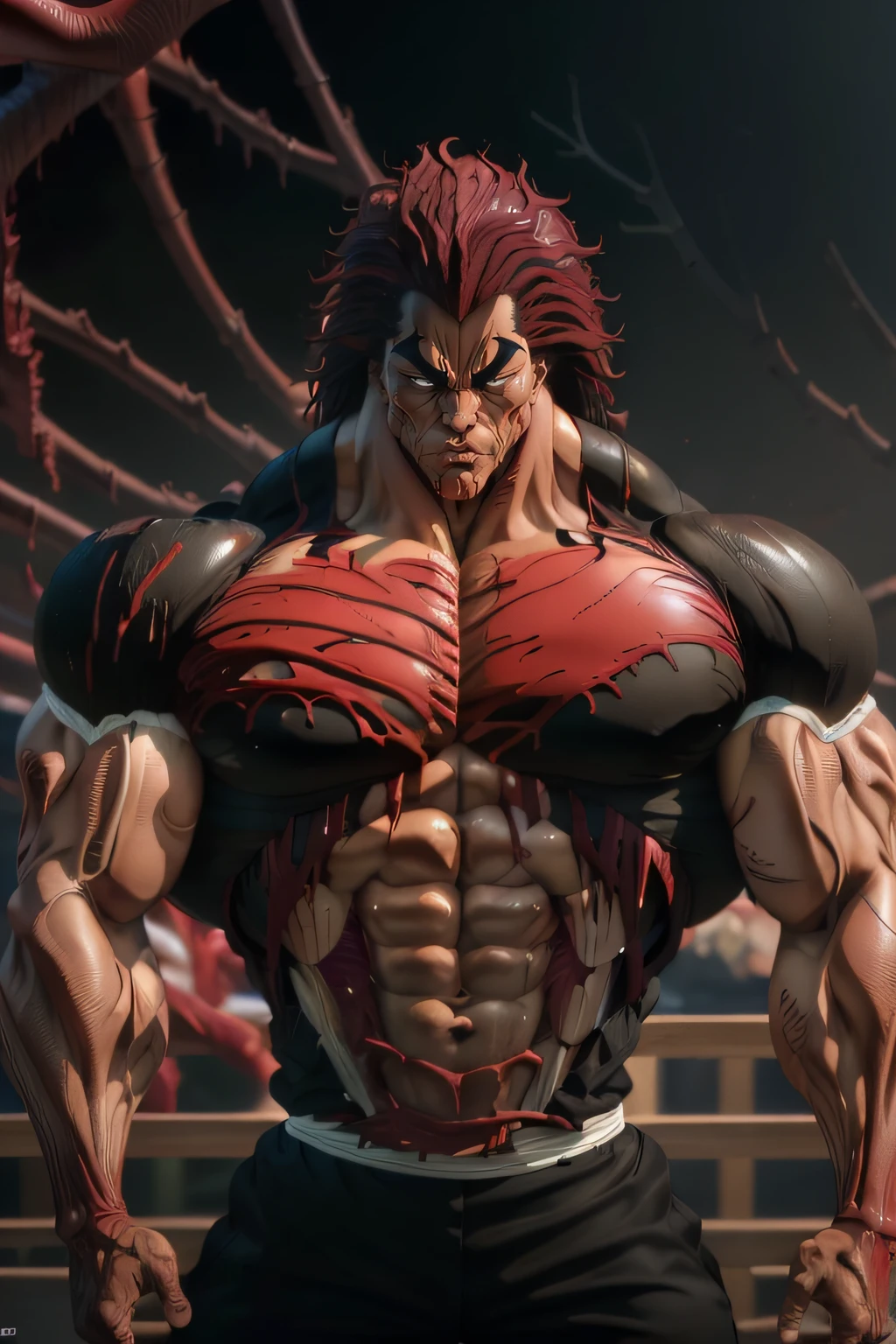 Yujiro Hanma, red hair, show his back, wearing black shirt (carnage physique:1.5), (covered in thick muscle suit:1.5), (exposed perfect anatomy:1.5), (carnage muscle anatomy:1.5), high detail, best quality, masterpiece, finely detail, realistic skin texture, 85 mm art lens, f 1.2, sharp focus, 8 k high definition, insanely detailed, intricate, snow background