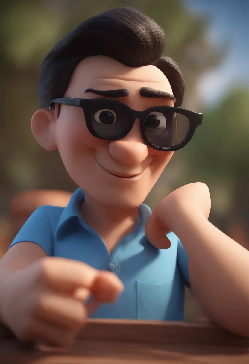 Cartoon character of a man with black glasses and a blue shirt, animation character, Caractere estilizado, animation style rendering, 3D estilizado, Arnold Maya render, 3 d render stylized, toon render keyshot, Personagem 3D, Personagem 3D, 3d rendering stylized, 3 d character render, personagem de desenho animado, Personagem de close up, Pose de personagem,  (Estilo Pixar) (master part:1.2) (Bokeh) (best quality) (pele detalhada) (textura detalhada) (8k) (argila) (Cinematic lighting) (foco nítido