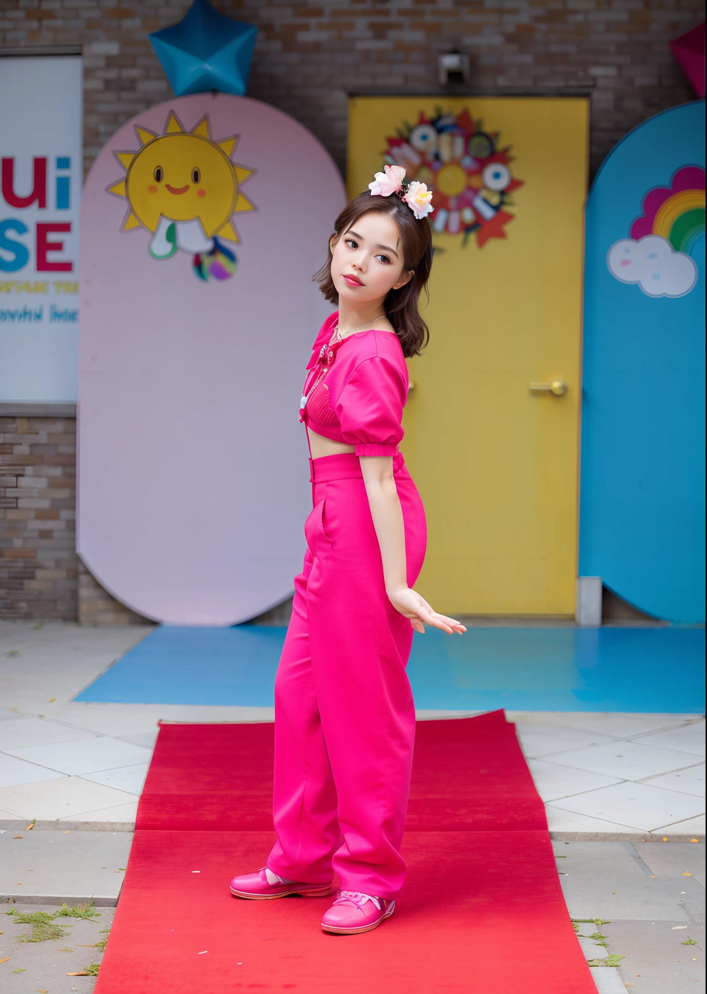 There's a young woman standing on a red carpet in front of a building, corpo inteiro com traje, Girl standing, retrato de corpo inteiro, full body cute young lady, usando uma roupa vermelha, kawaii Playful pose of a dancer, cabrito, Pose frontal, Pose completa, an ahoge stands up on her head, fazendo uma pose elegante, foto de retrato de corpo inteiro