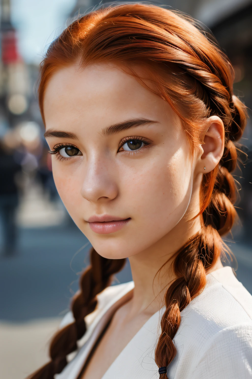 Photo of a 20-year-old European girl, raw, Beautiful woman, (fiery red hair), Two braids　hitornfreckles((Portrait)), ((Detailed face:1.2)), ((detailed facial features)), (finely detailed skin), pale skin, , (cold color), moist, moist, Reflectors, (masutepiece) (perfectly proportions)(photos realistic)(Best Quality) (Detailed) photographed in a Canon EOS R5, 50mm Lens, F/2.8, nffsw, (8K) (foco nítido) 　clothed、(Photo Real:1.4)、(hyper realisitic:1.4)、(realisitic:1.3)、 (Smoother lighting:1.05)、(Improved lighting quality in movies:0.9)、32K、 girl with、Realistic lighting、back lighting、Facial light、raytrace、(Brightening light:1.2)、(Increase quality:1.4)、 (Top quality real texture skins)、finely eye、finerly detailed face、glowy skin　stylish　Street Fashion　bustshot　large udder