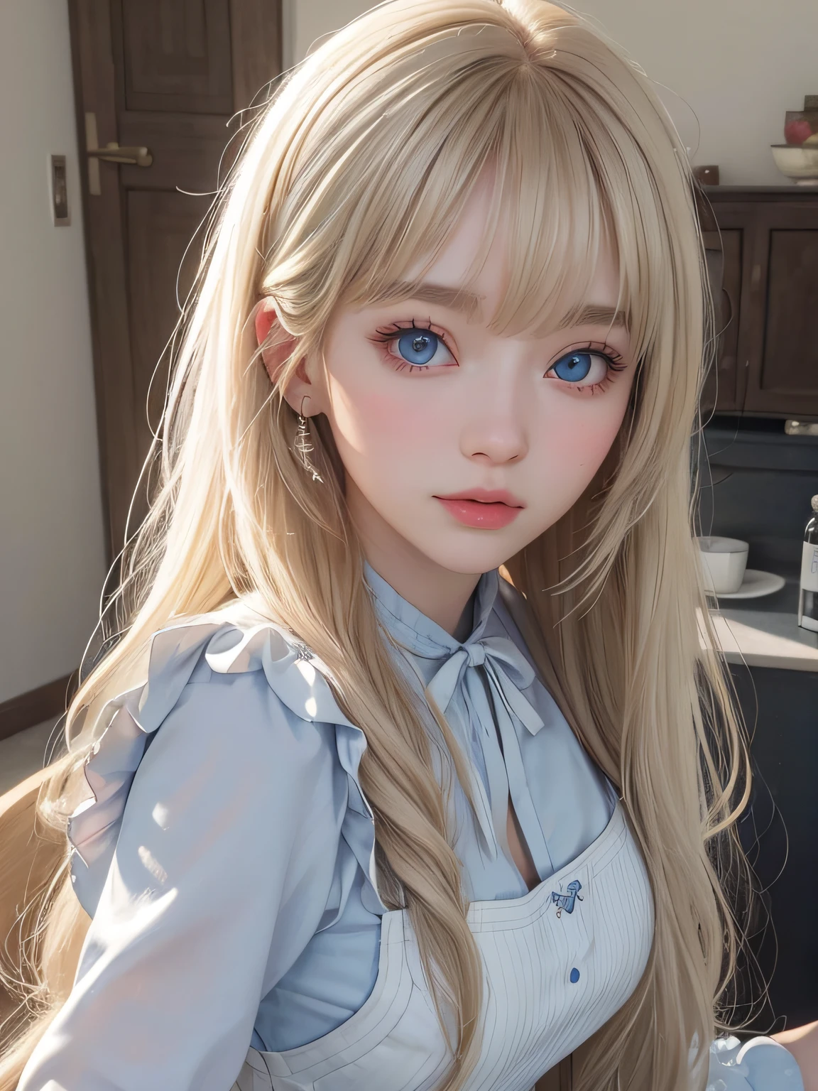 bright expression、photorealisim、top-quality、超A high resolution、a picture、Photo of an exquisitely beautiful Nordic-born girl、Extraordinary beautiful girl、Detailed cute and beautiful face、(pureerosface_v1:0.008)、Beautiful bangs、alice in the wonderland、18year old、Glowing white shiny skin、facial hairs、Bangs that extend to the face、Bangs between the eyes、Super long hair、Attractive light and dark platinum blonde super long straight silky hair、finer hair、Attractive glowing beautiful bright clear light blue big eyes、White Apron、Yellow dress、eye liner、Double eyelids、Lush bust