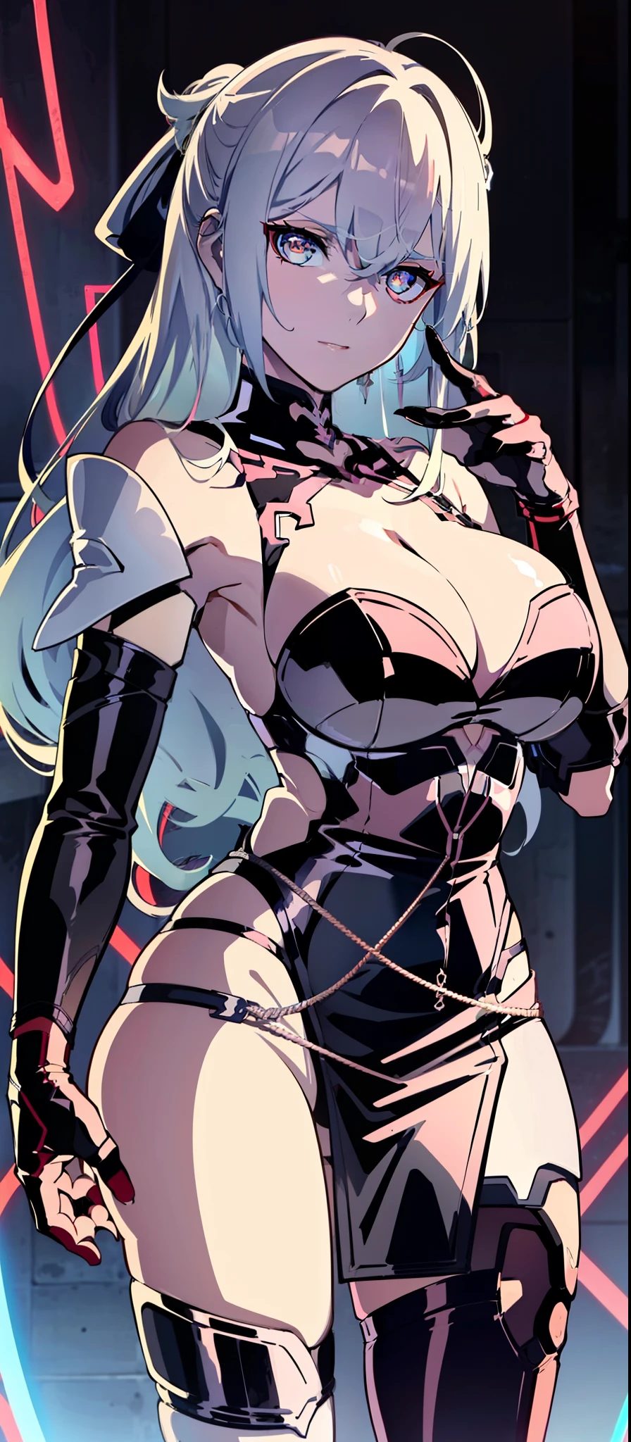 ((sfw)), (smooth anime cg art). best_quality, (1girl), solo, (masterpiece), high_definition, 8k, hd, game, ((CG)), ((red_background)), (standing) (code_background), detailed_body, (Cyberpunk), (1girl), ((Bronya_Zaychik)) ,gloves, breasts, crossed_bangs, grey_eyes, hair_between_eyes, silver_hair, symbol-shaped_pupils, cleavage, jacket,(long_hair),large_breasts,, ((latex_outfit)), high_heels