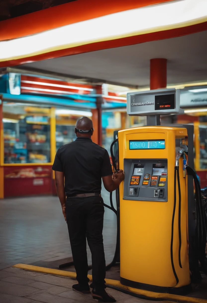 Homem negro parado na frente de uma loja de informatica chamada Central Briantech dentro de um posto de gasolina shell