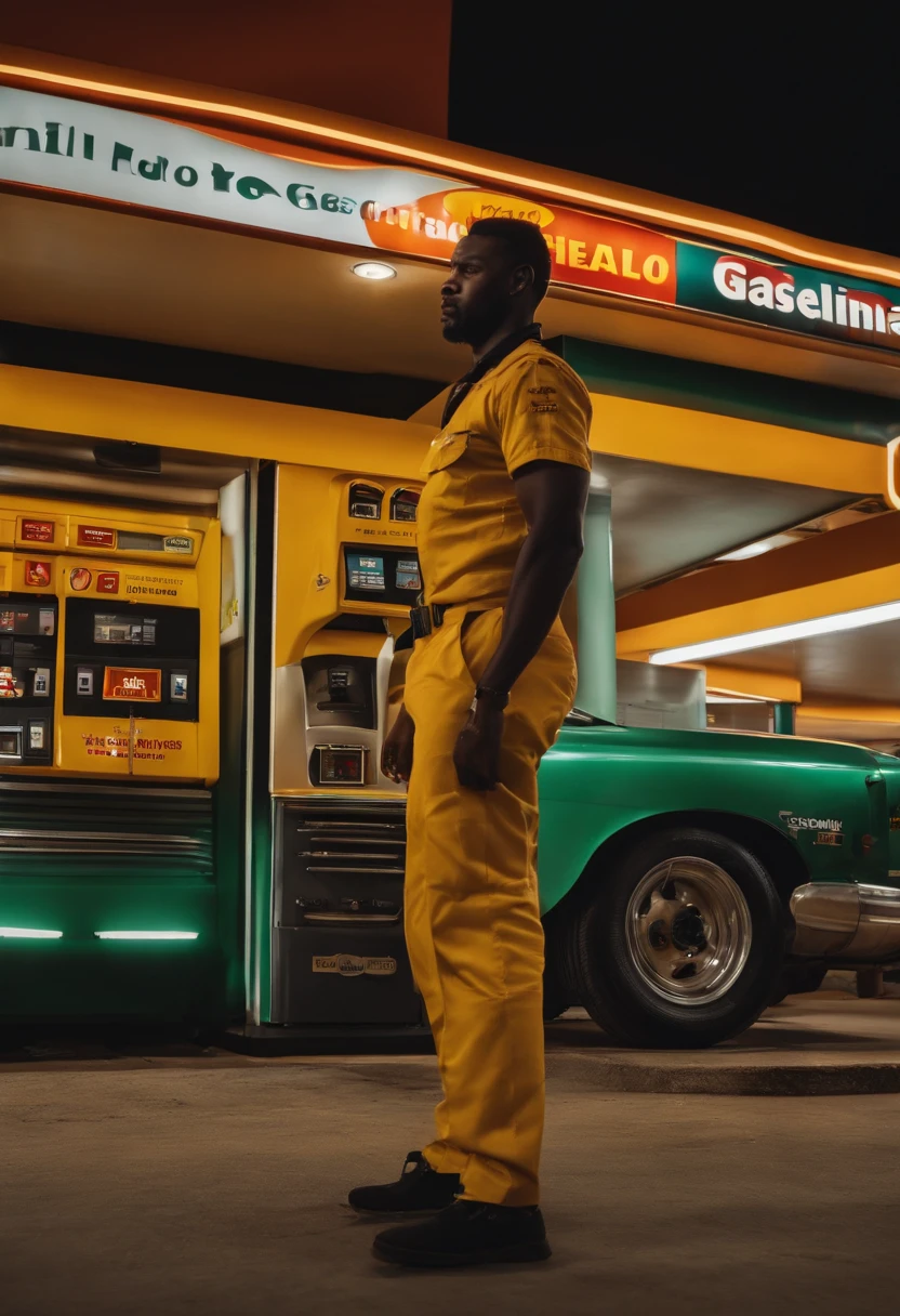 Homem negro parado na frente de uma loja de informatica chamada Central Briantech dentro de um posto de gasolina shell