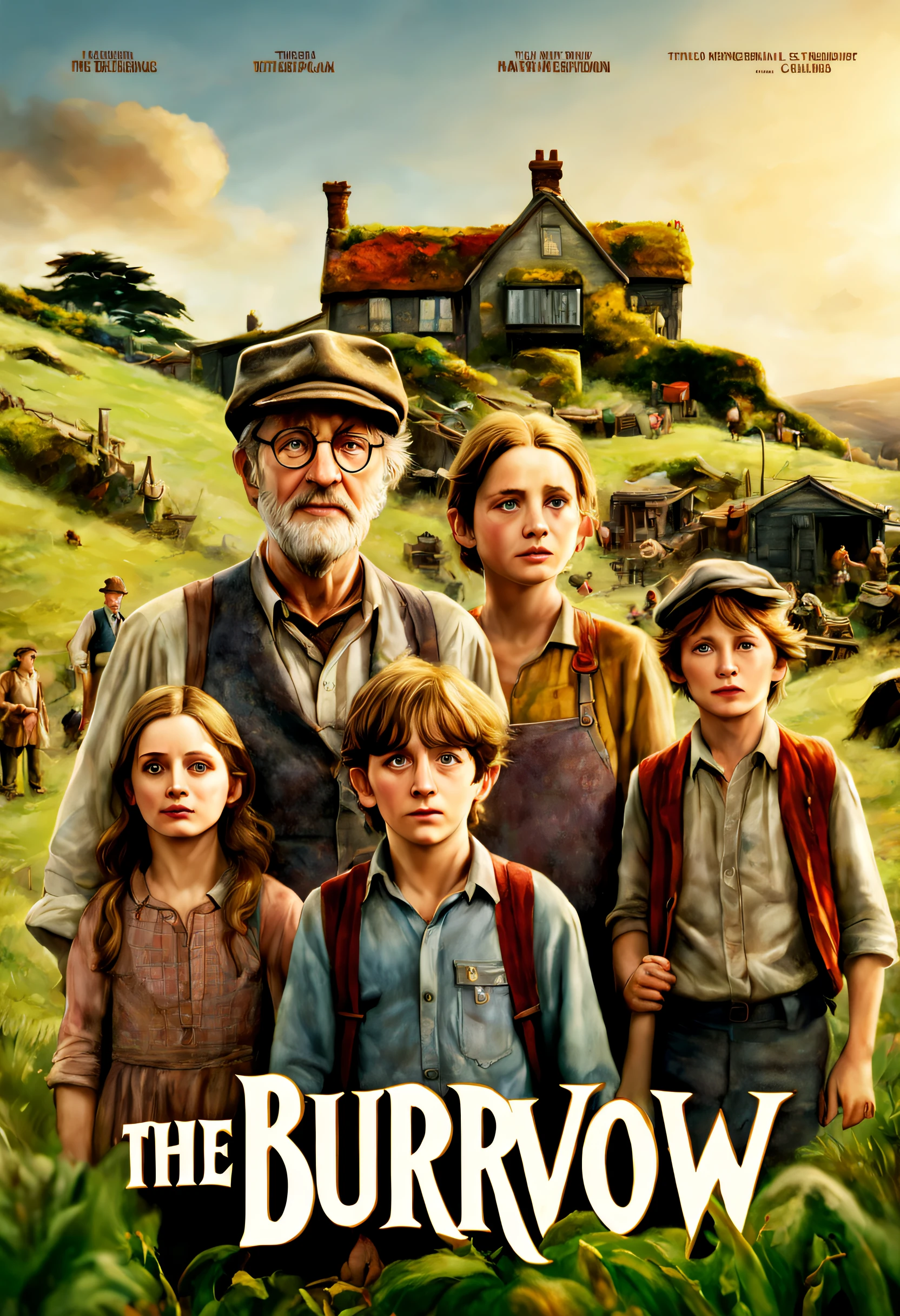 best quality, 4k, 8k, high resolution, masterpiece: 1.2), ultra detailed, (realistic, photorealistic, photorealistic: 1.37), movie poster titled "the burrow", by Steven Spielberg, title lyrics and credits