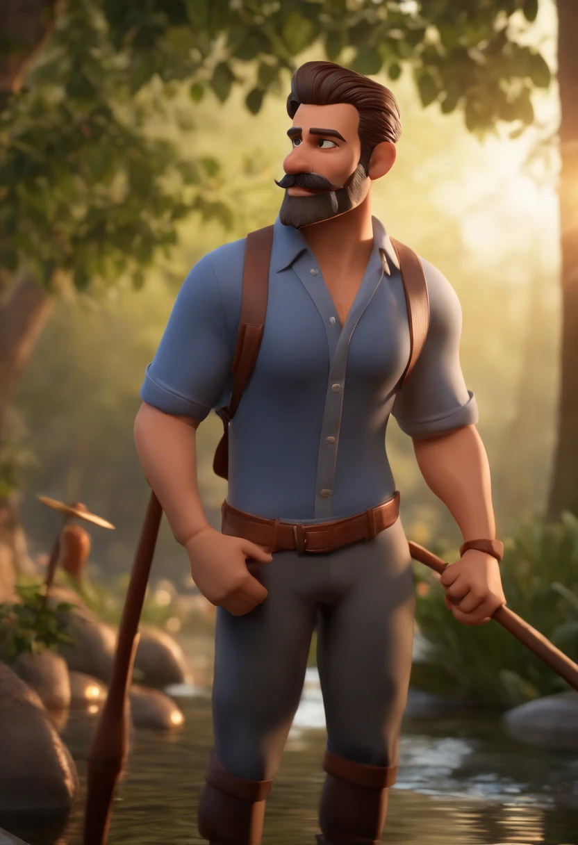 Personaje de dibujos animados de un hombre, aspectodeindu, barba y bigote cortito, cabello corto oscuro y una camisa azul, animation character, stylized character, Rendering animation styles, with a fishing rod, D estilizado, Arnold Maya render, 3D render estilizado, Toon renderizar keyshot, Personaje 3D, Personaje 3D, Renderizado 3D estilizado, Renderizado de 3 caracteres D, Personaje de dibujos animados, Personaje de primer plano, Pose del personaje, (estilo pixar) (Pieza maestra:1.2) (Bokeh) (La mejor calidad) (Piel detallada) (Textura detallada) (8k) (arcilla) (cinematic lighting) (foco nítido
