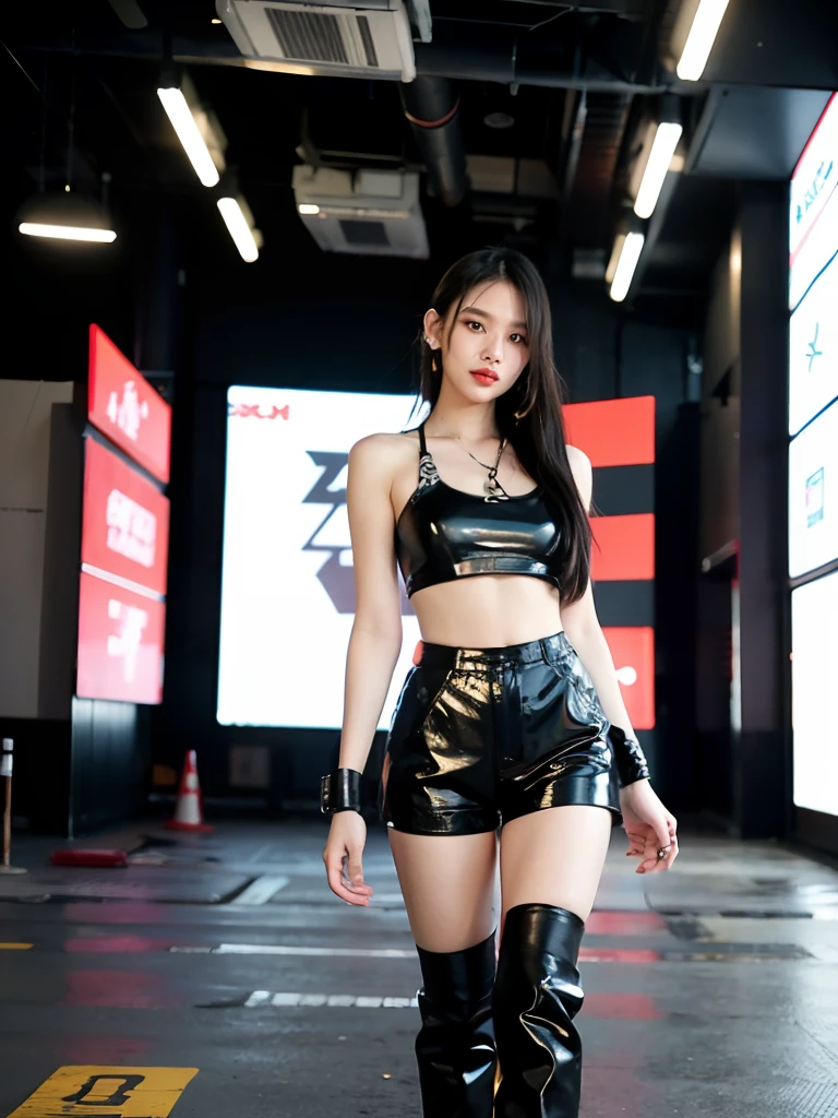 A woman wearing a black top and black lederhosen poses for a photo, Bra and shorts streetwear, jisoo from blackpink, tzuyu from twice, Sexy style, wearing leather swim suite, Cyberpunk 2 0 y. o model girl, full-body xianxia, wearing cyberpunk streetwear, korean women's fashion model, wearing black latex clothing, cyberpunk style outfit, Cyberpunk costumes