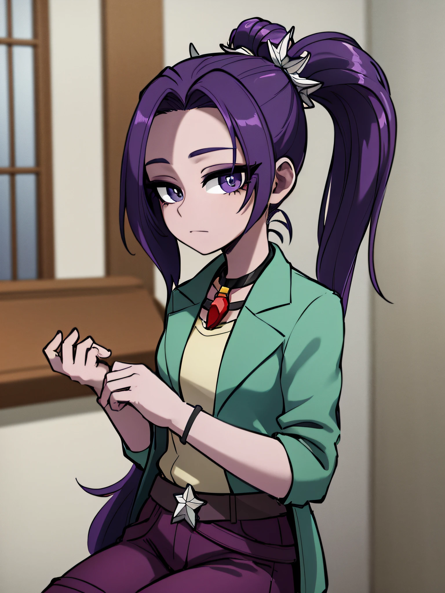 mlparia, twintails, hair ornament, green jacket, purple pants, belt, jewelry, necklace, purple hair, sitting chair, crossed legs, looking at viewer, profile, cafeteria, bold outline, clear outlines, (masterpiece, best quality, detailed beautiful eyes and detailed face, ultra-detailed, 8k wallpaper, elaborate features, raw photo, highres, realistic, photo-realistic:1.4, physically-based rendering)