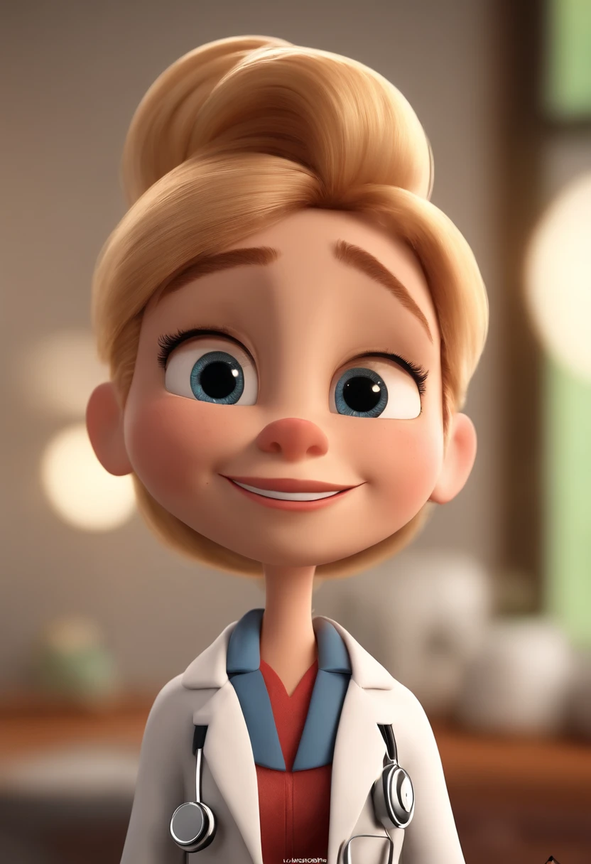 Cartoon character of a doctor with black eyes and big eyelashes, boca desenhada e nariz fino, with blond and medium hair, Inside a Clinical Animation Character, Caractere estilizado, animation style rendering, 3D estilizado, Arnold Maya render, 3 d render stylized, toon render keyshot, Personagem 3D, Personagem 3D, 3d rendering stylized, 3 d character render, personagem de desenho animado, Personagem de close up, Pose de personagem,  (Estilo Pixar) (master part:1.2) (Bokeh) (best quality) (pele detalhada) (textura detalhada) (8k) (argila) (Cinematic lighting) (foco nítido