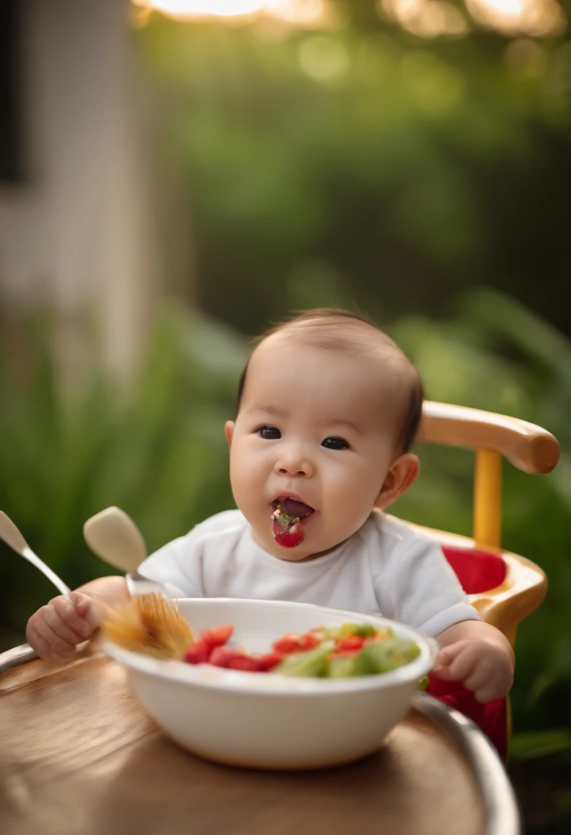 There is a sitting in a high chair with a toothbrush in his mouth, uma foto de Yi Insang, vencedor do concurso de drible, Arte Pop, sentado em sua cadeira alta, Fazer um lanche, messy eater, sentado na cadeira, Ruan Jia Lindo!, Bo Chen, garotinho, he is very happy, High detail!!, pronto para comer