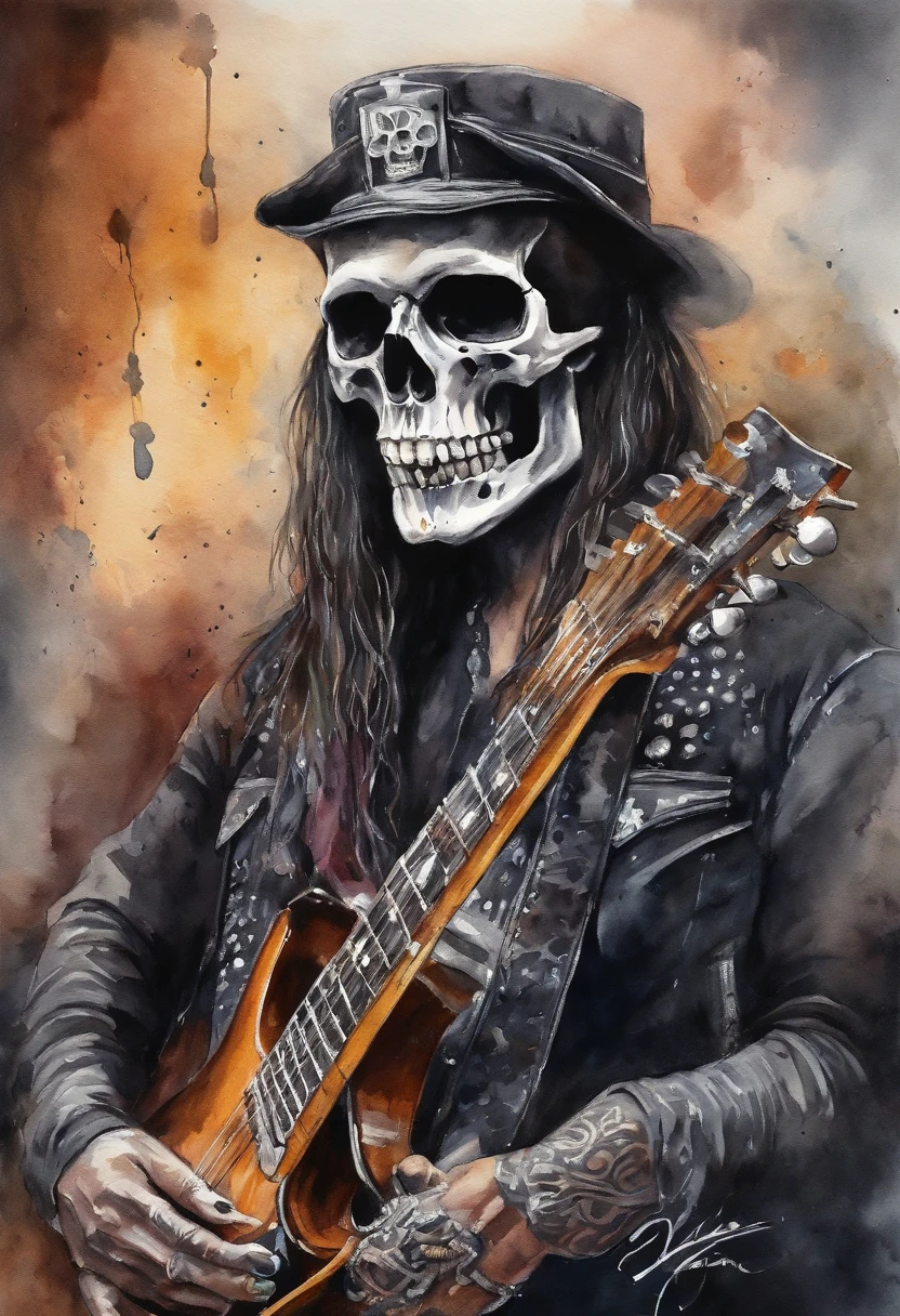 caveira,music,metal,high quality,8k,(metalhead:1.1),detailed skull,dark color tone,vivid colors,detailed guitar,concert lighting,music festival