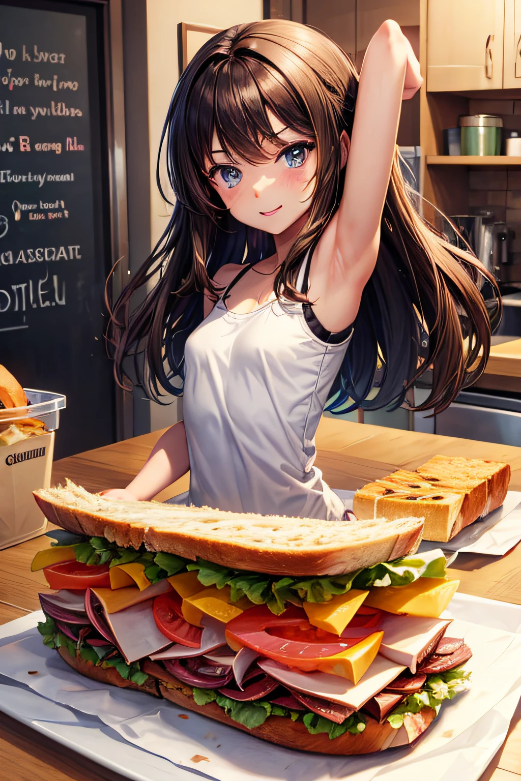Skinny brunette girl making sandwich animation