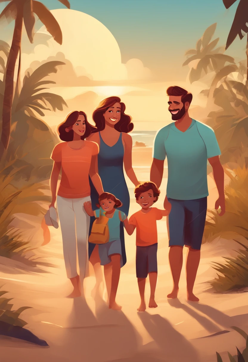 Create in cartoon style a family with a couple of adults and two children in a space on the beach walking together in high quality and richness of details