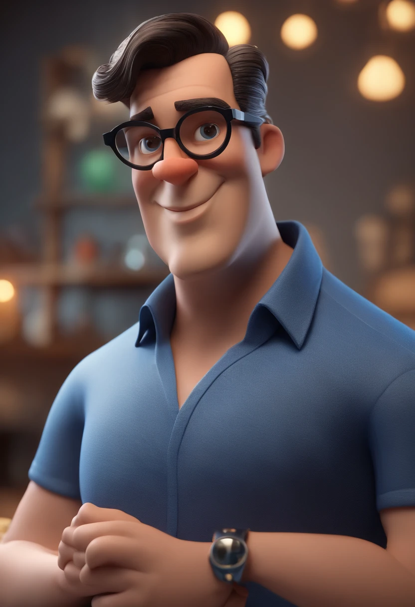 Cartoon character of a man wearing black glasses and a blue shirt, um personagem animado, Caractere estilizado, animation style rendering, 3D estilizado, Arnold Maya render, 3 d render stylized, toon render keyshot, Personagem 3D, Personagem 3D, 3d rendering stylized, 3 d character render, personagem de desenho animado, Personagem de close up, Pose de personagem, (Estilo Pixar) (master part:1.2) (Bokeh) (best quality) (pele detalhada) (textura detalhada) (8k) (argila) (Cinematic lighting) (foco nítido,Senta e vaza a parte superior do corpo