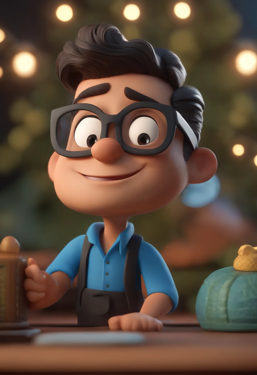 Cartoon character of a man wearing black glasses and a blue shirt, um personagem animado, Caractere estilizado, animation style rendering, 3D estilizado, Arnold Maya render, 3 d render stylized, toon render keyshot, Personagem 3D, Personagem 3D, 3d rendering stylized, 3 d character render, personagem de desenho animado, Personagem de close up, Pose de personagem, (Estilo Pixar) (master part:1.2) (Bokeh) (best quality) (pele detalhada) (textura detalhada) (8k) (argila) (Cinematic lighting) (foco nítido，Senta e vaza a parte superior do corpo