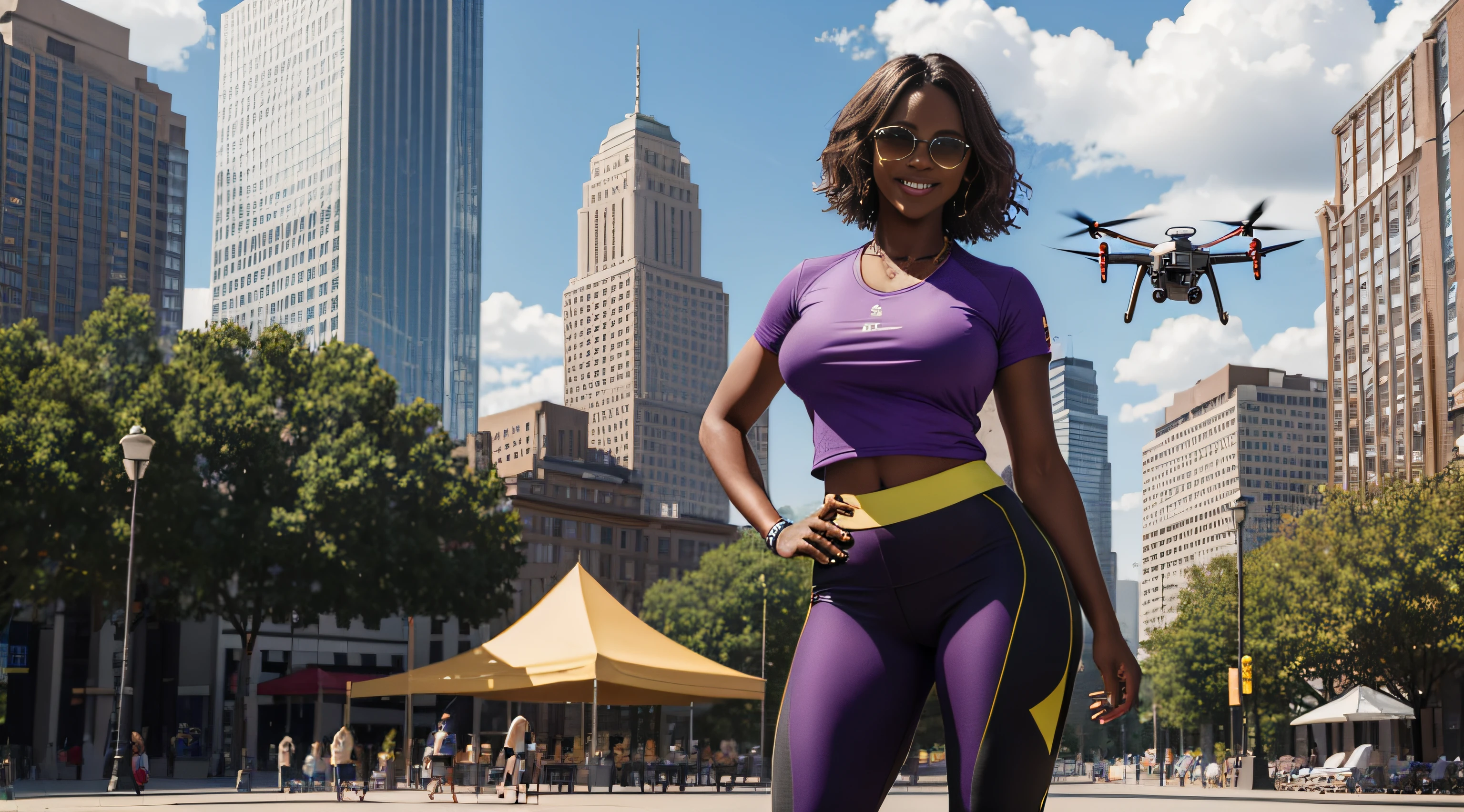 {Please make sure there are no other people in the image}, (masterpiece:1.2), (best quality:1.2), ((one woman only)), ((full body image)),very huge breasts, dark skin, black woman, brown hair, short straight hair, Happy smile, realistic and detailed hands, realistic and detailed face, realistic and detailed tooth, realistic and detailed foots, realistic and detailed face, extremely muscular, aviator sunglasses, public square with gym equipment background, purple t-shirt, yellow legging, tennis, standing flying a drone.