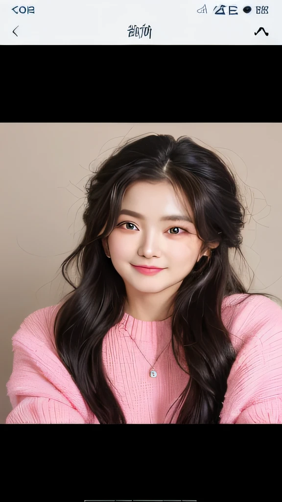 Close up of a man with long hair and pink sweater, Popular Korean makeup, popular korean makeup, with cute - fine - face, young lovely Korean faces, Chinese girl, south east asian with round face, young cute wan asian face, Cute natural anime face, xintong chen, small heart - shaped face, Korean girl, with round face,The eyes of both eyes are large,Long eyelashes,The eyes are like an ocean,is very beautiful,Very good figure,Bumpy,tall and straight,Look at the camera shyly,Four white teeth are exposed,The smile is super beautiful,You can see it all over the body,Hands behind your waist