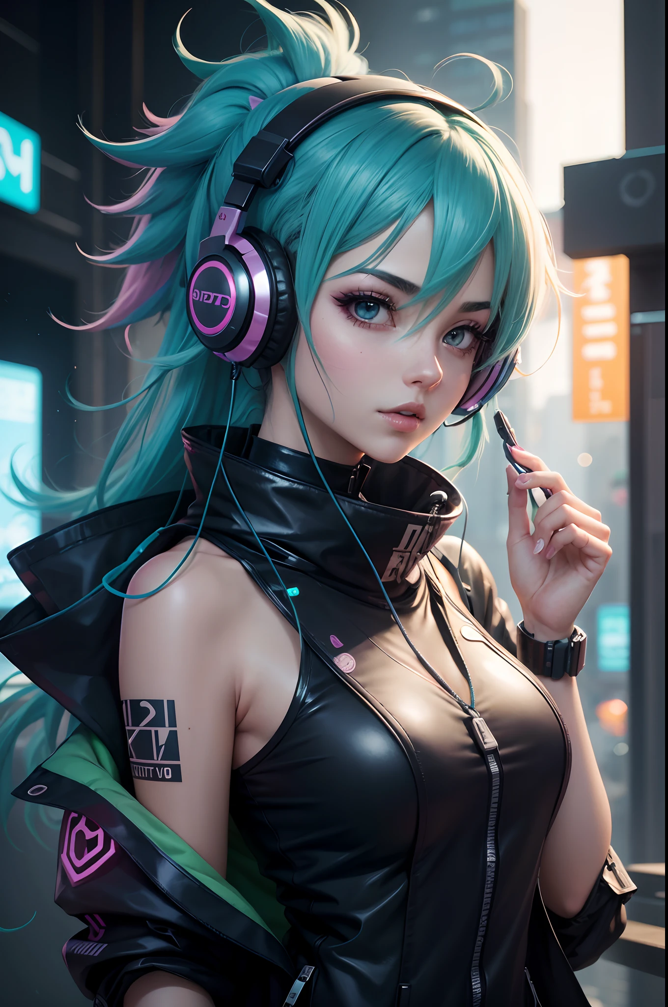 Garota usando headphone, 4k, anime, cabelo pink, cyberpunk, anime futurista, alta resolução, estilo anime, garota, headphone, olhando pra cima, animes