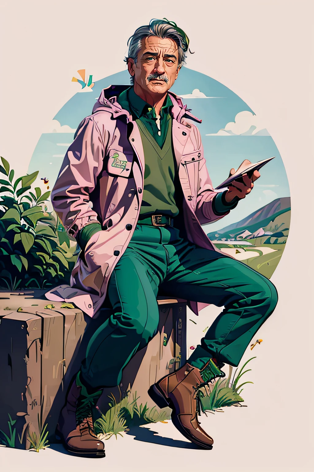 flat vector art,masterpiece,a man,High detailed face,young(Robert de niro) 30 years old,1980s,in his boots,drawing a picture of happiness,sunny day,wear pink raincoat,green trousers,in the middle of a meadow.intricate,BOWATER style,