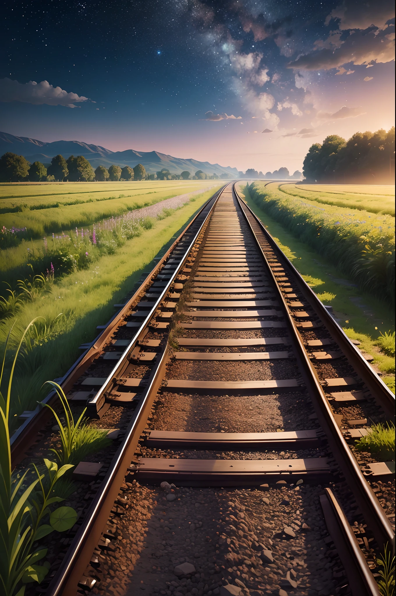 A beautiful night,sky filled with stars,an old railway track between a crop field,landscape, ultra realistic 8k quality,