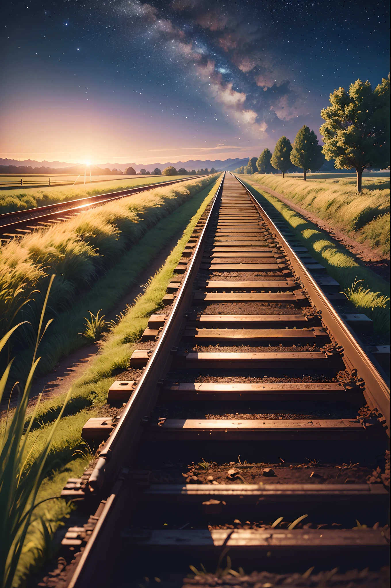 A beautiful night,sky filled with stars,an old railway track between a crop field,landscape, ultra realistic 8k quality,