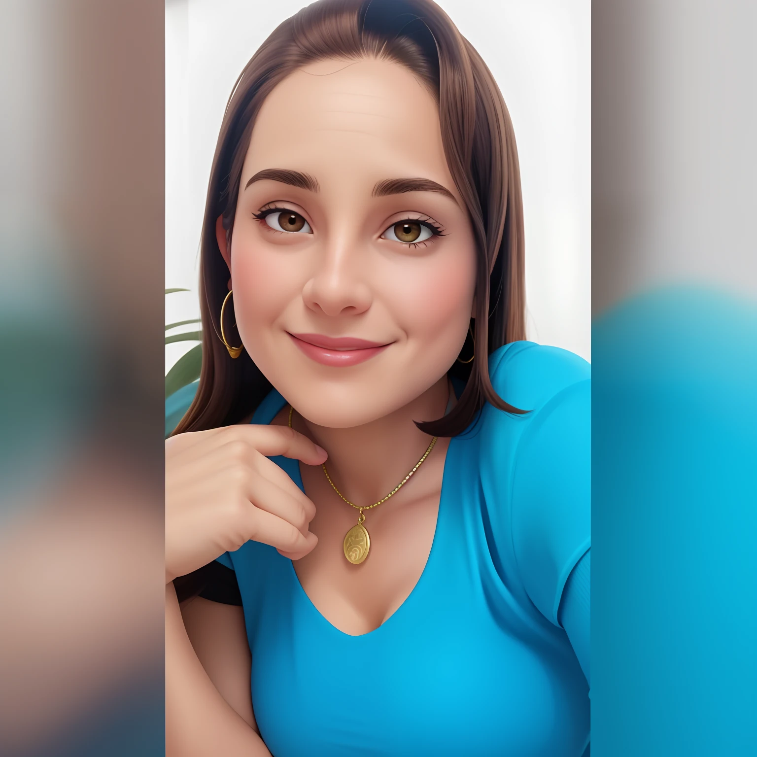 Uma mulher de 53 anos, rosto redondo, cabelo ruivo escuro, pele morena