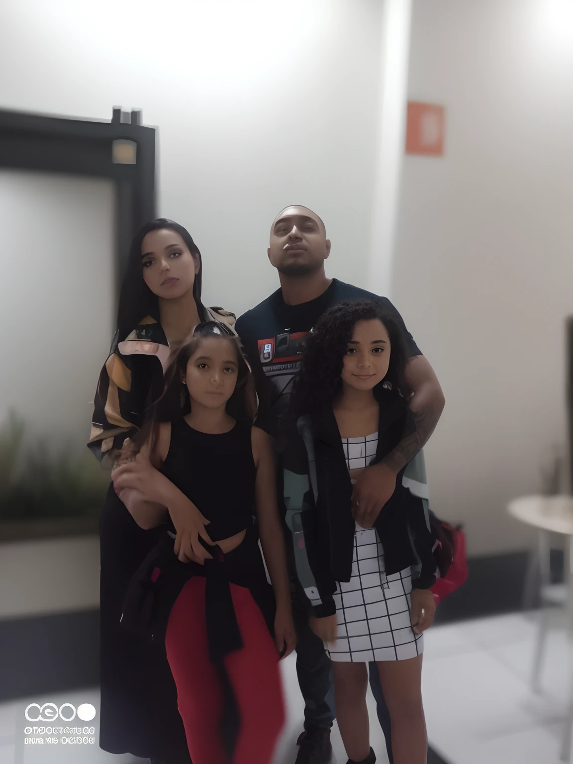 There are two adults and two children standing in an elevator, foto de perfil, em um elevador, imagem de perfil, grupo de pessoas em um elevador, Perfect Android girl family, puerto rican super hero, elevador, foto de perfil, foto do perfil, no elevador escuro, Alex Yanes, Upload de alta qualidade, Directed by: Randy Vargas, Directed by: Robert Combas, modelagem para dulce e gabanna